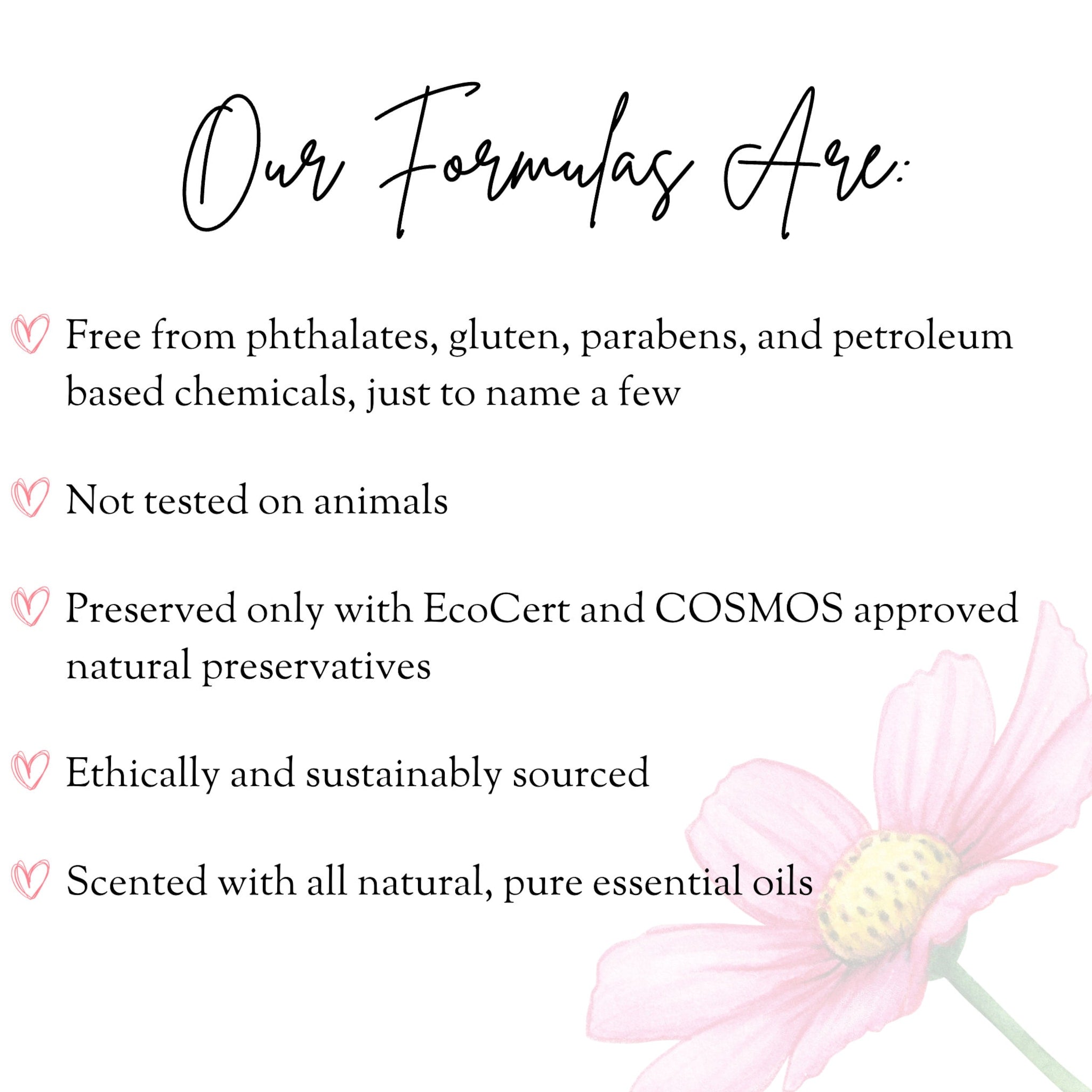Text graphic with black script, pink flower illustration, and white background showing product information