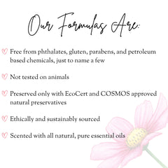 Text graphic with black script, pink flower illustration, and white background showing product information