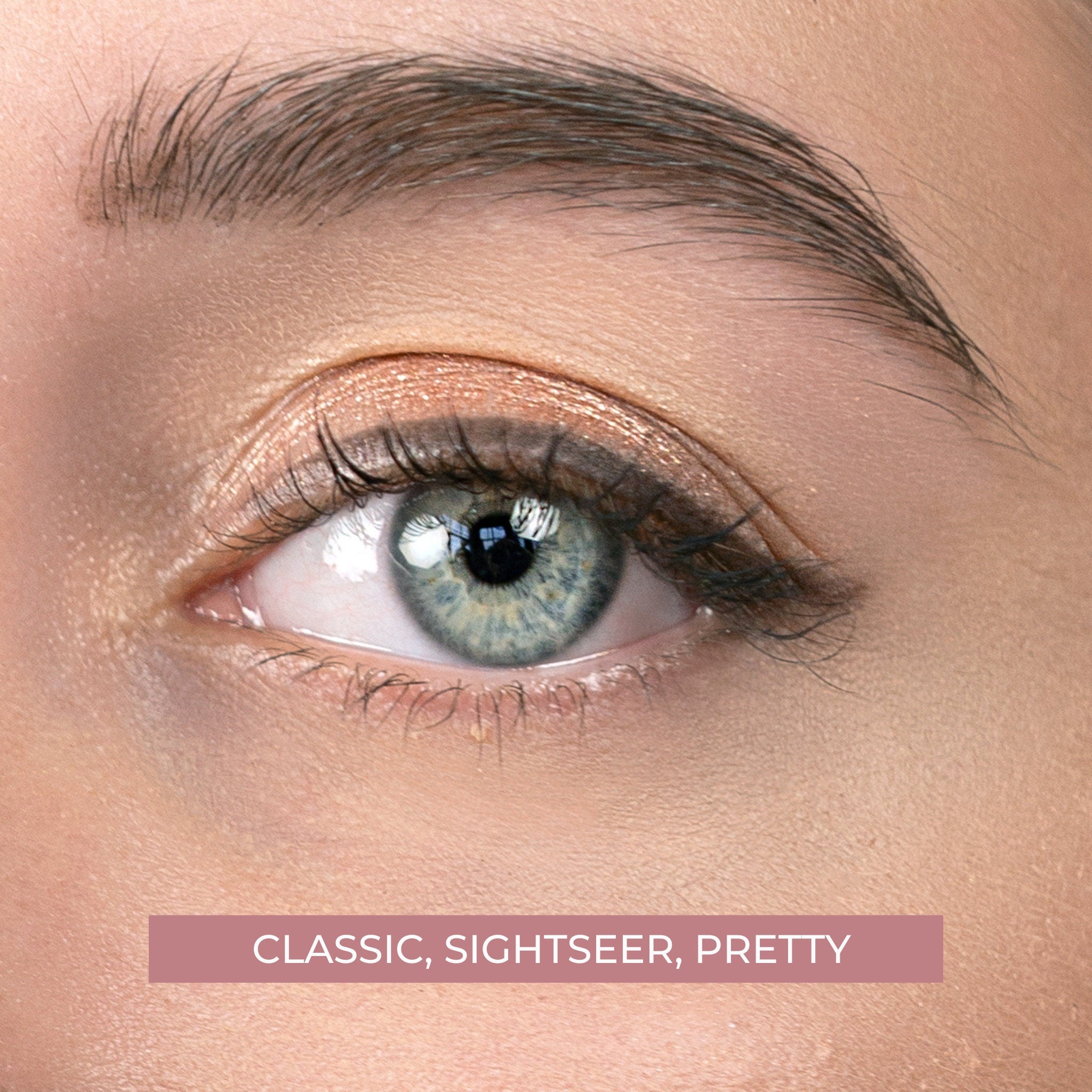 Side view of Promising Eye Shadow palette showing six matte and shimmer shades in warm neutrals and deep plum tones