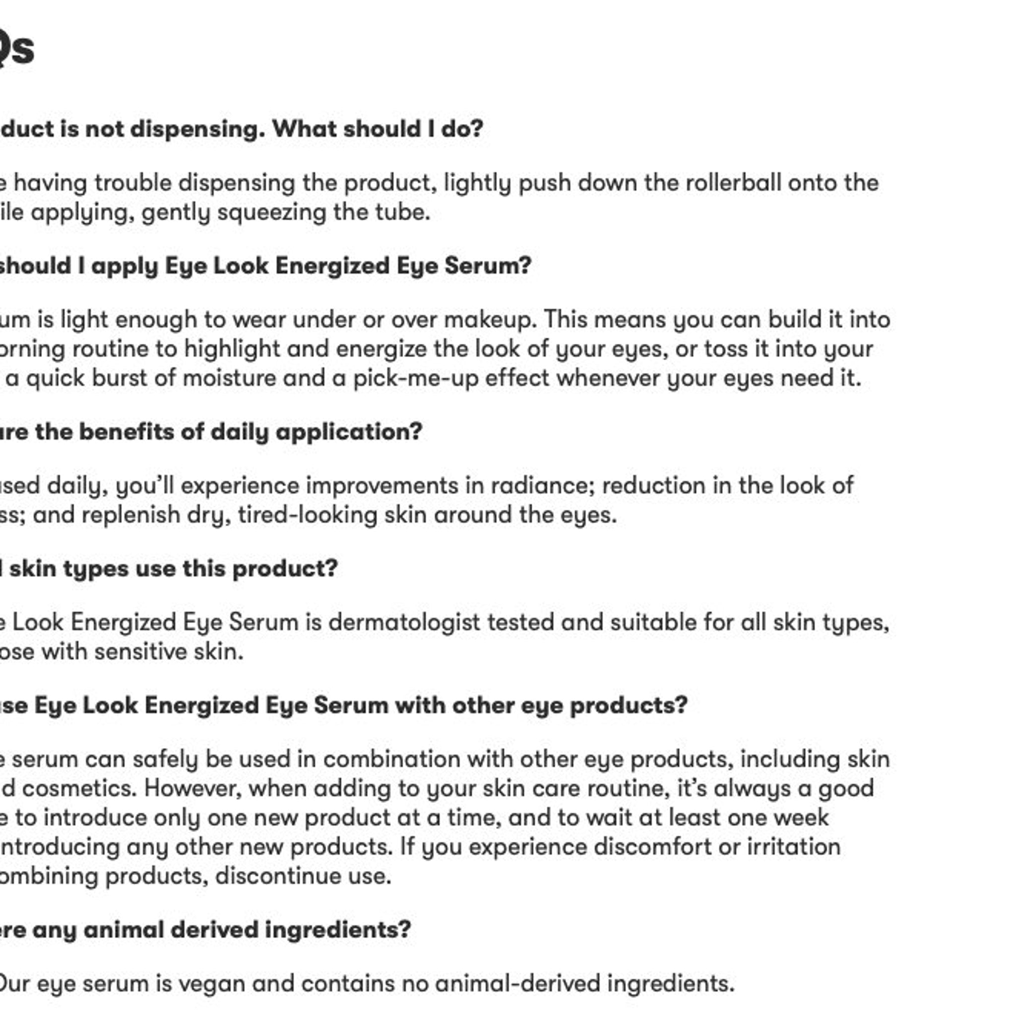 Eye serum information in black text on white background, Q&A format, for product details.