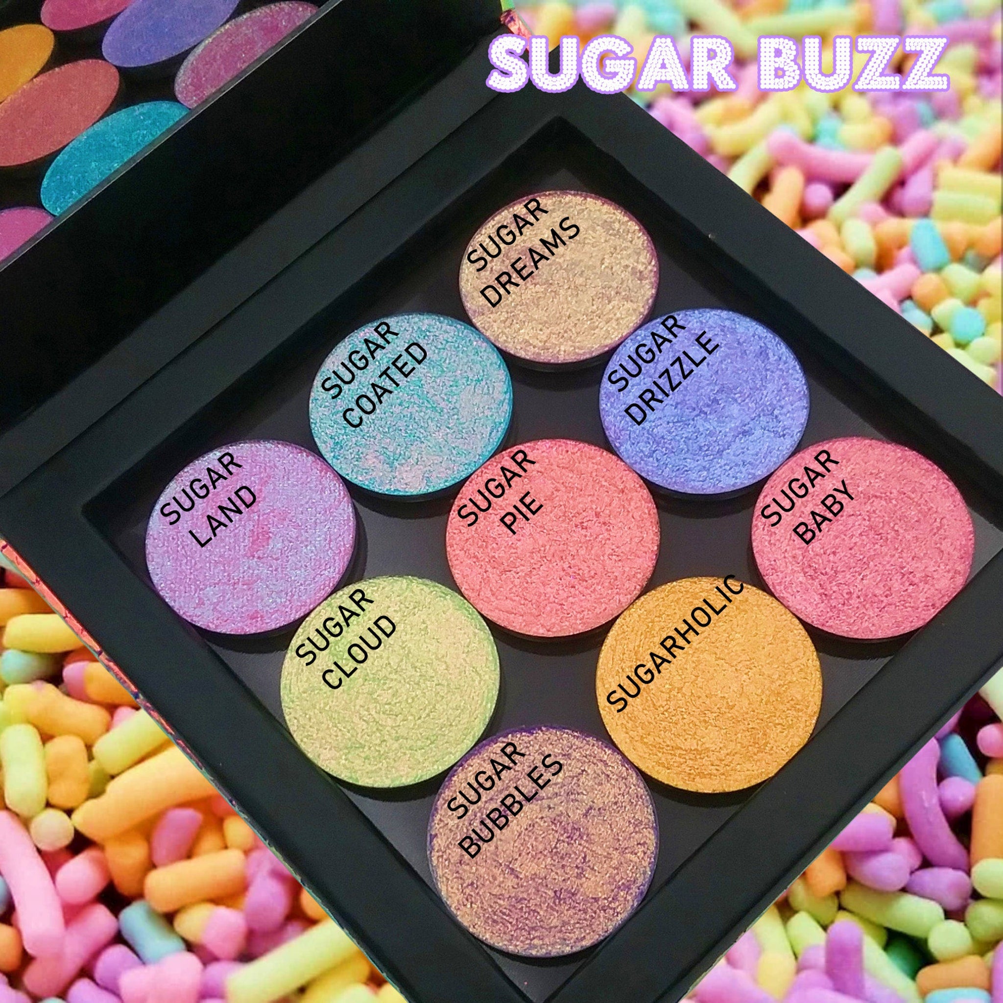 Swatch of multichrome eyeshadows from Sugar Buzz Collection showing vibrant color shift on skin