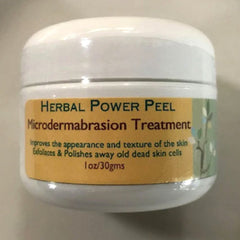 Microdermabrasion treatment jar, white plastic container with yellow label, Herbal Power Peel text visible