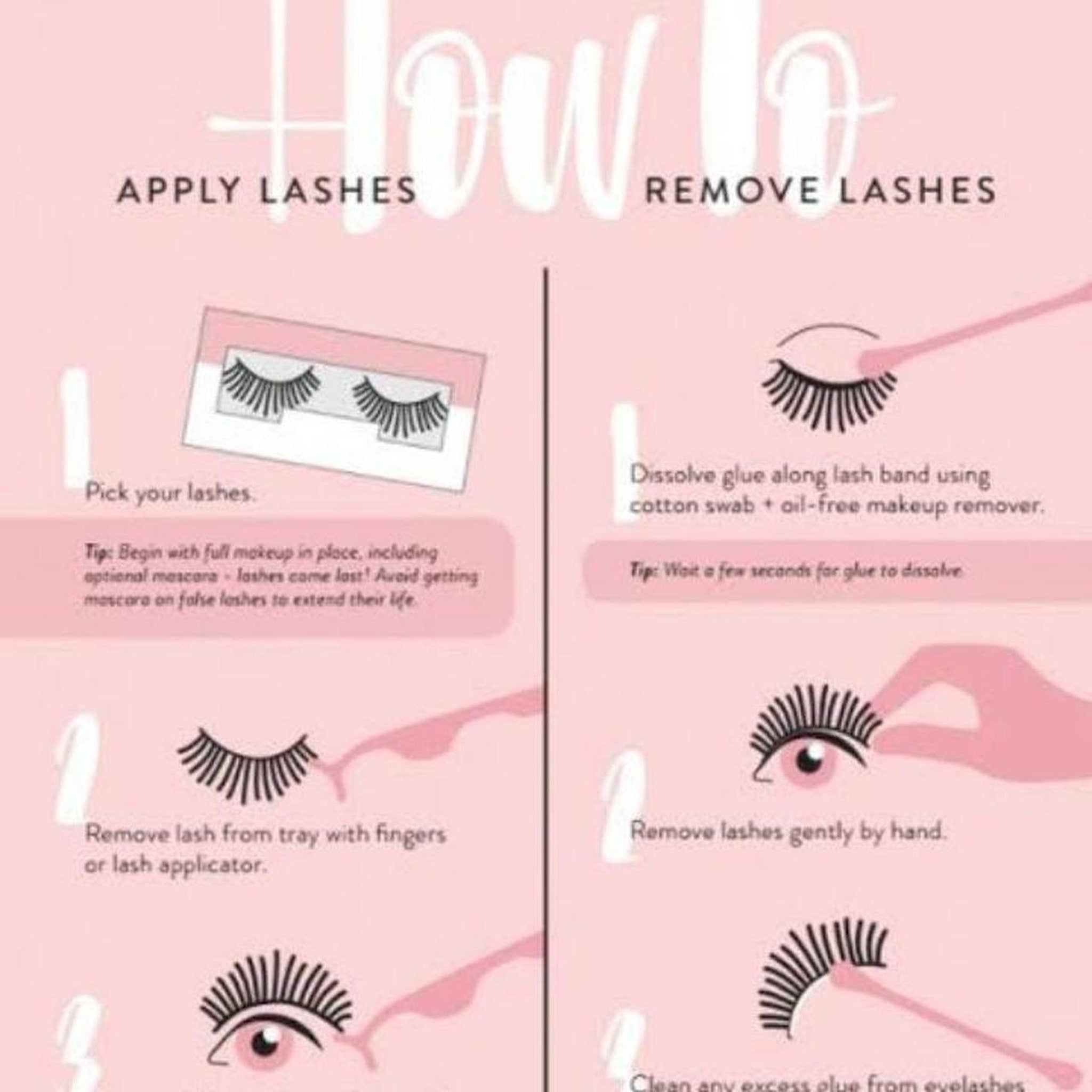 Eyelash application guide, pink background, black lash illustrations, white text instructions