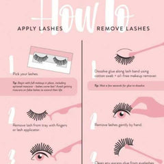 Eyelash application guide, pink background, black lash illustrations, white text instructions