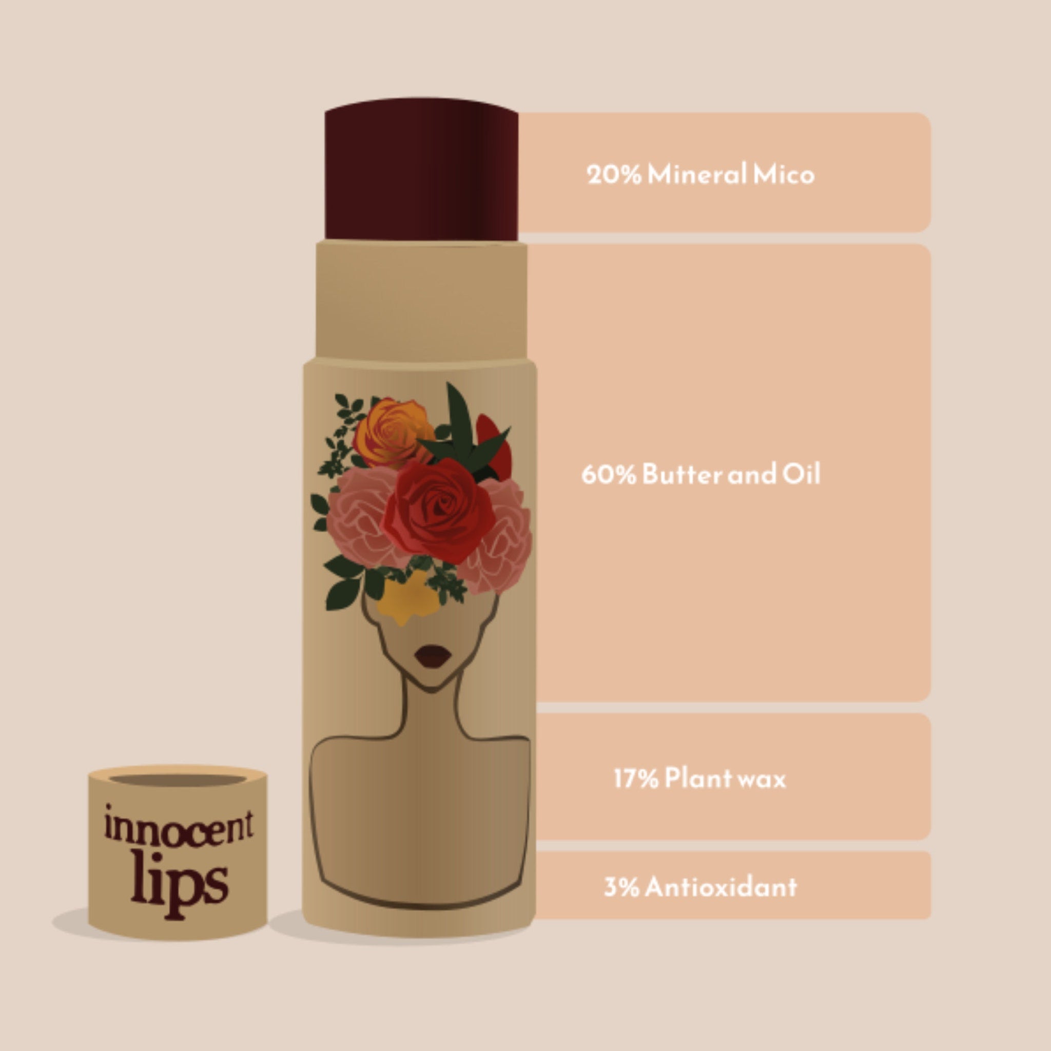 Lip balm tube with floral design, beige and maroon colors, with "innocent lips" text.