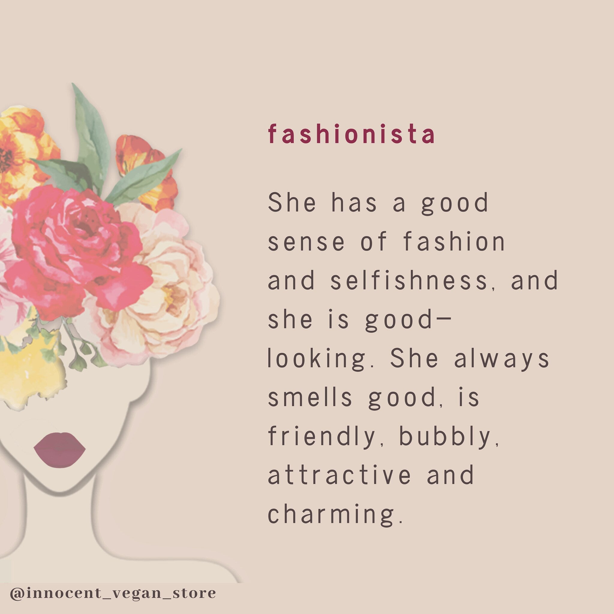 Fashion illustration of woman with floral headpiece, red lips, and @innocent_vegan_store text on a beige background