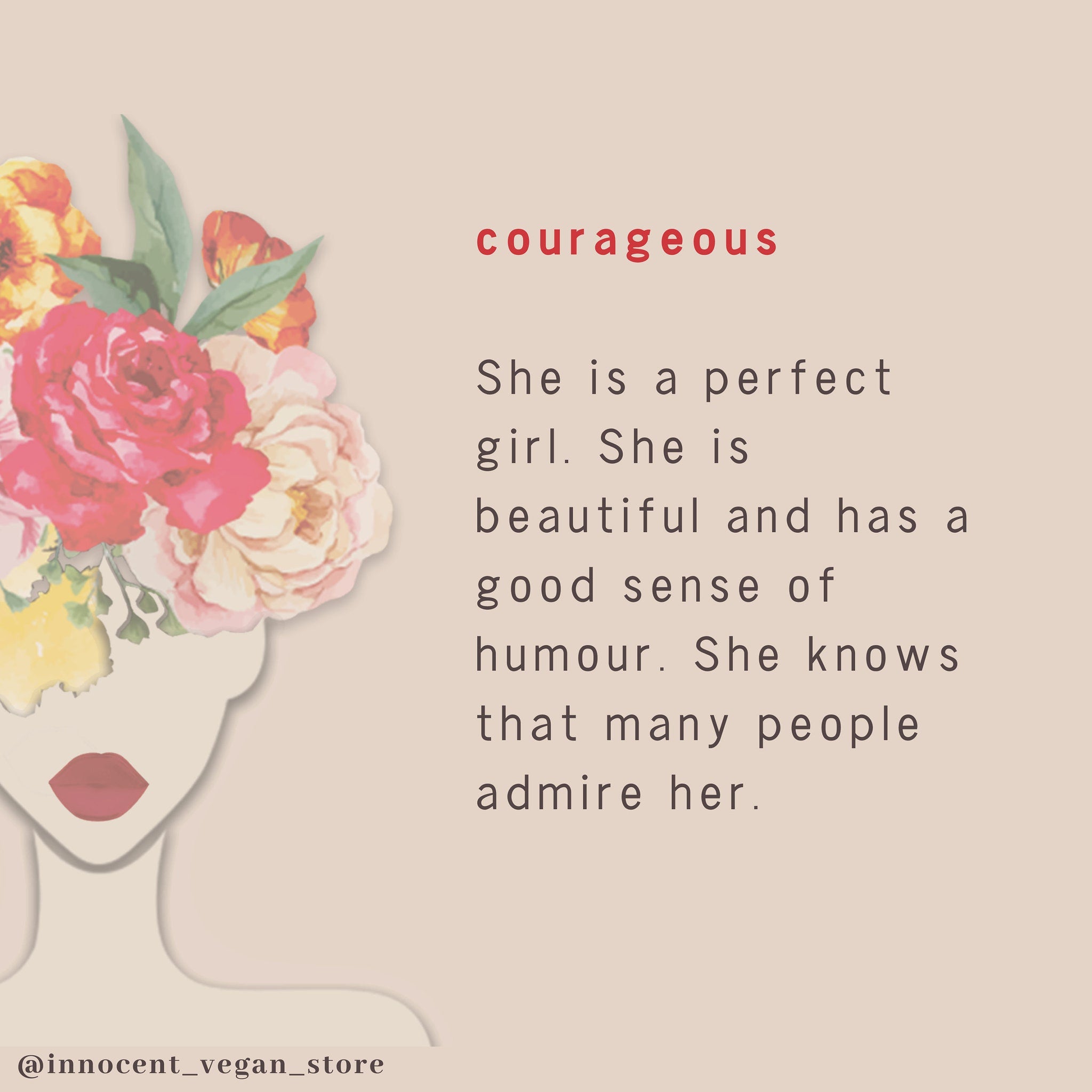 Illustration of a woman with floral headpiece, red lips, and text on a beige background, @innocent_vegan_store.