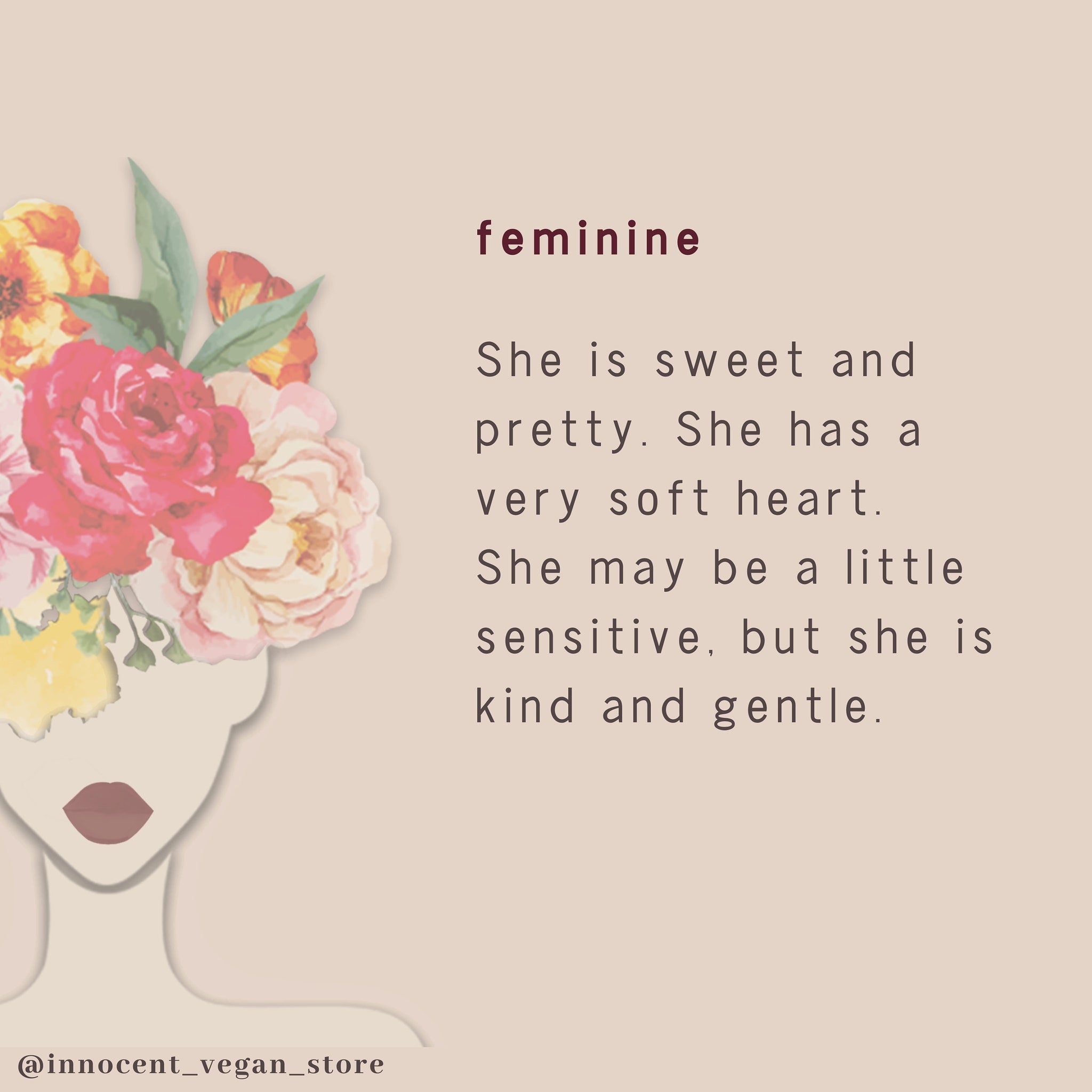 Floral illustration with red, yellow, and cream flowers, feminine text, and @innocent_vegan_store branding