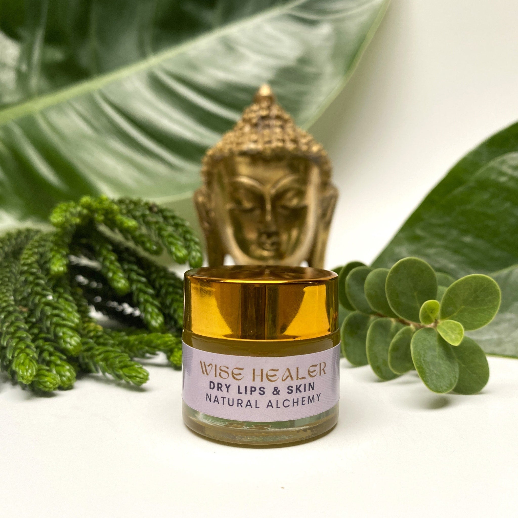 Lip balm jar with gold lid, purple label, and Wise Healer text, surrounded by green leaves