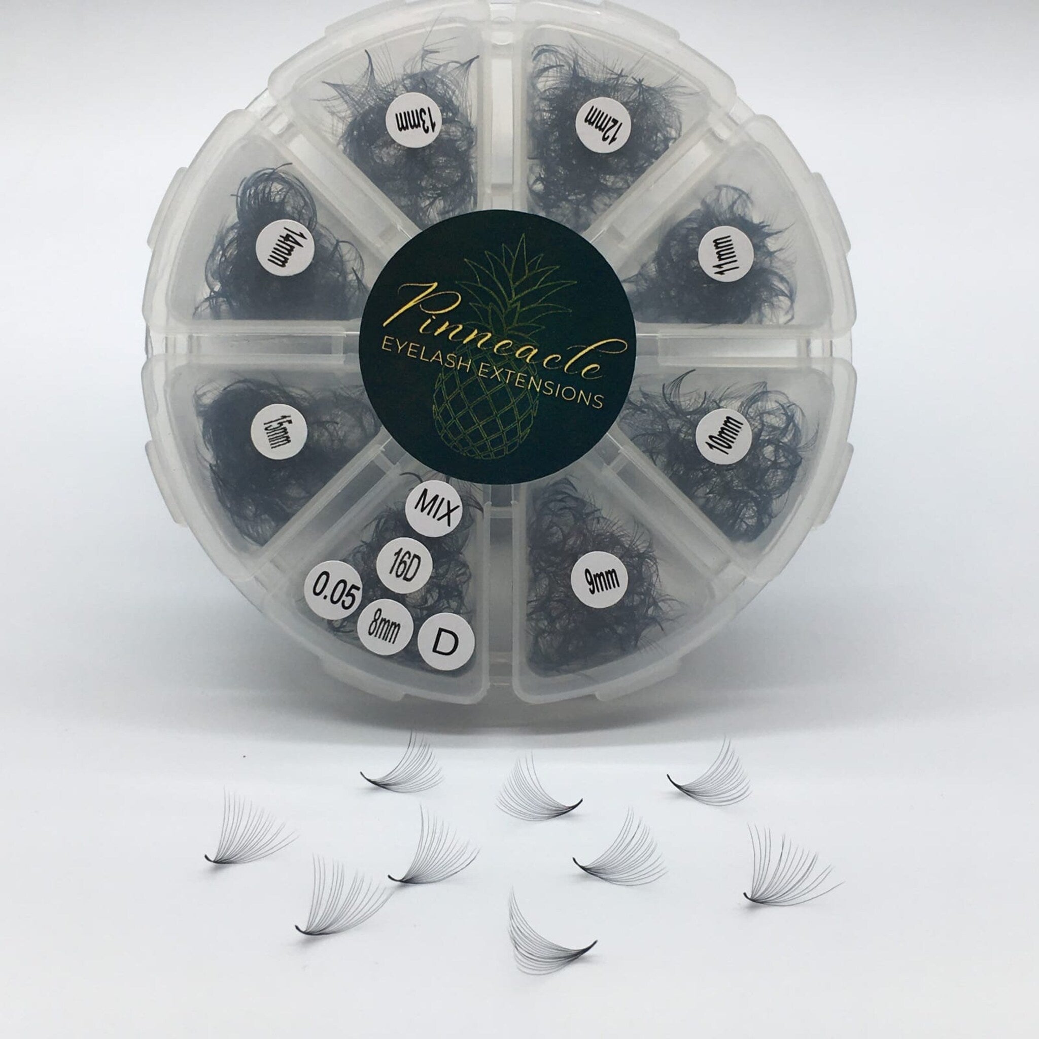 Eyelash extensions black synthetic lashes in clear container with Pinneacle logo and labels