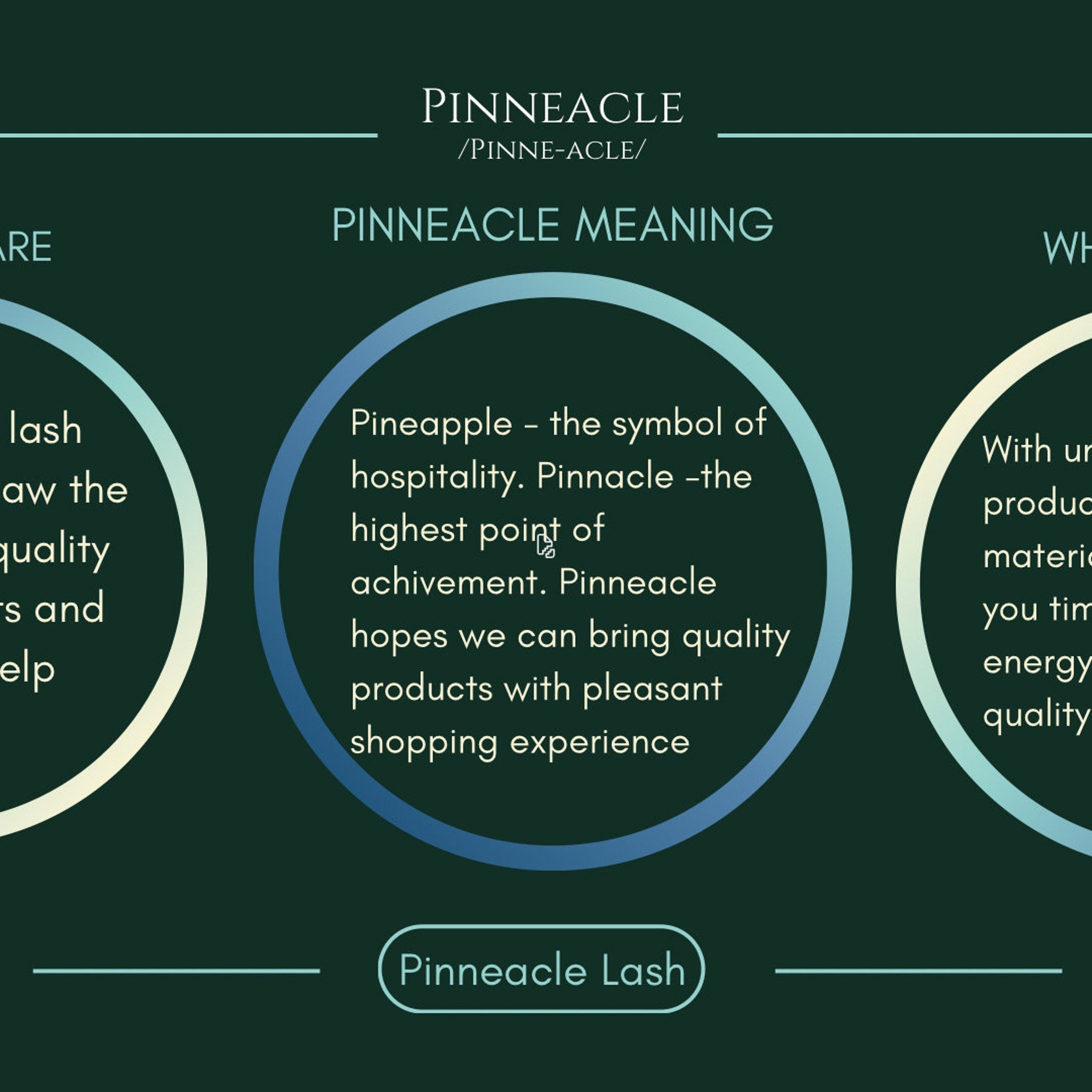 Pinneacle brand graphic with teal, blue, and white text on dark green background, explaining brand meaning
