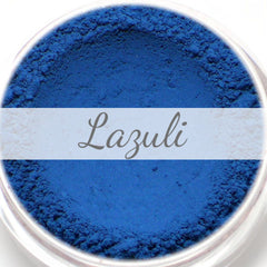Eyeshadow sample, matte blue powder, "Lazuli" text on white band, in clear container