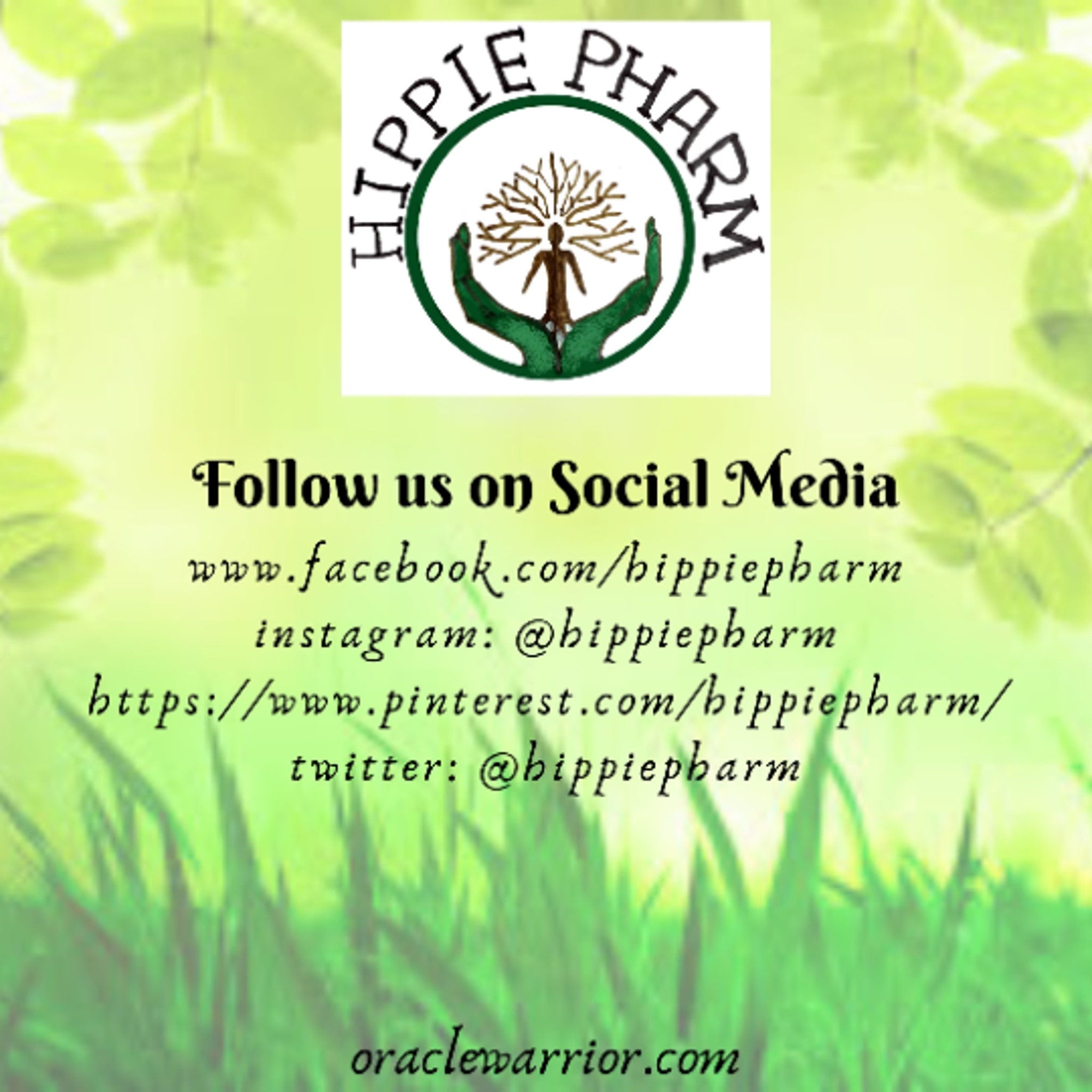 Hippie Pharm logo with green and brown colors, surrounded by leaves and grass, with social media links displayed