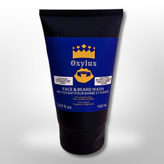 Face and beard wash tube, black and blue plastic, Oxylux branding visible