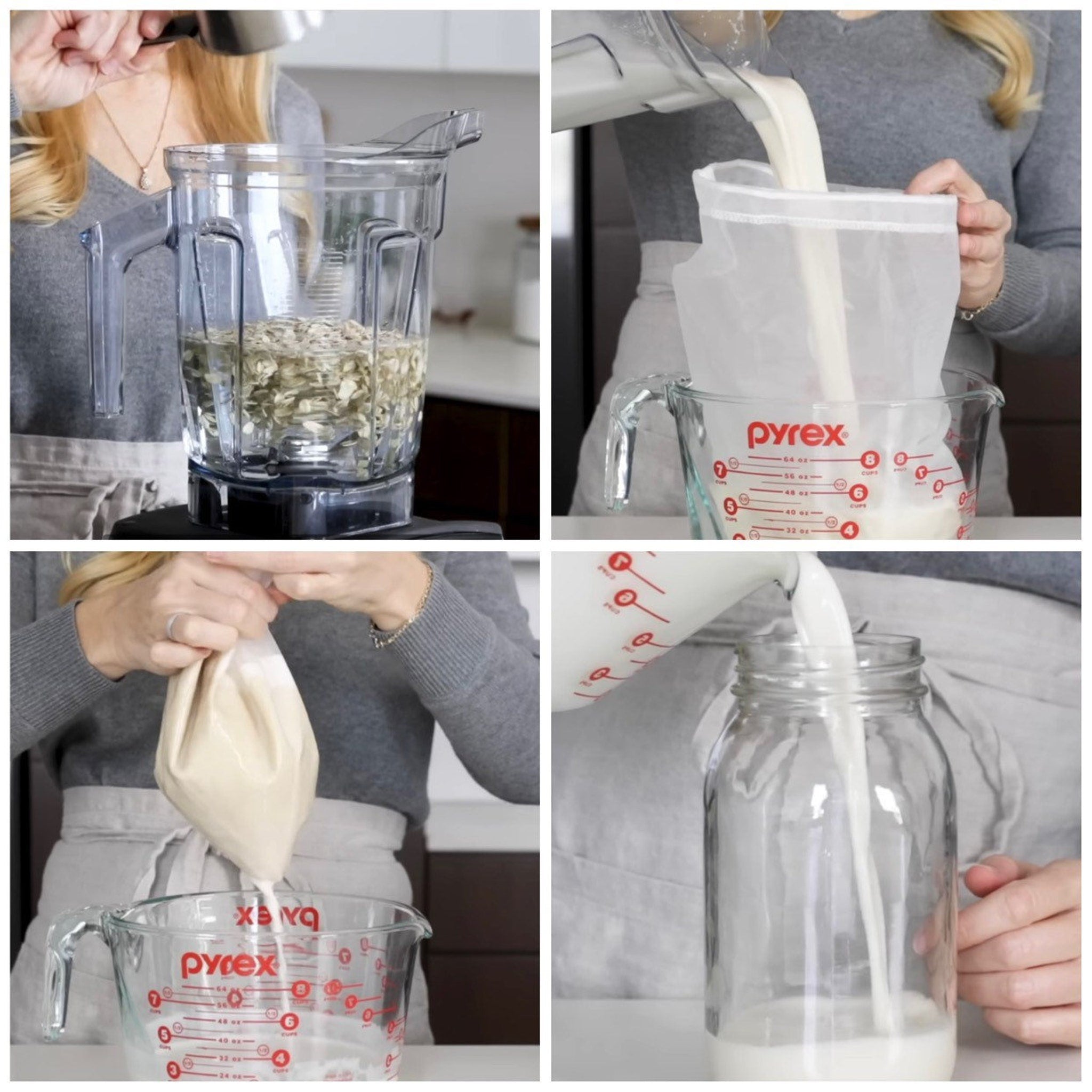 Oat milk process, clear blender, white liquid, Pyrex measuring cup, pouring into jar