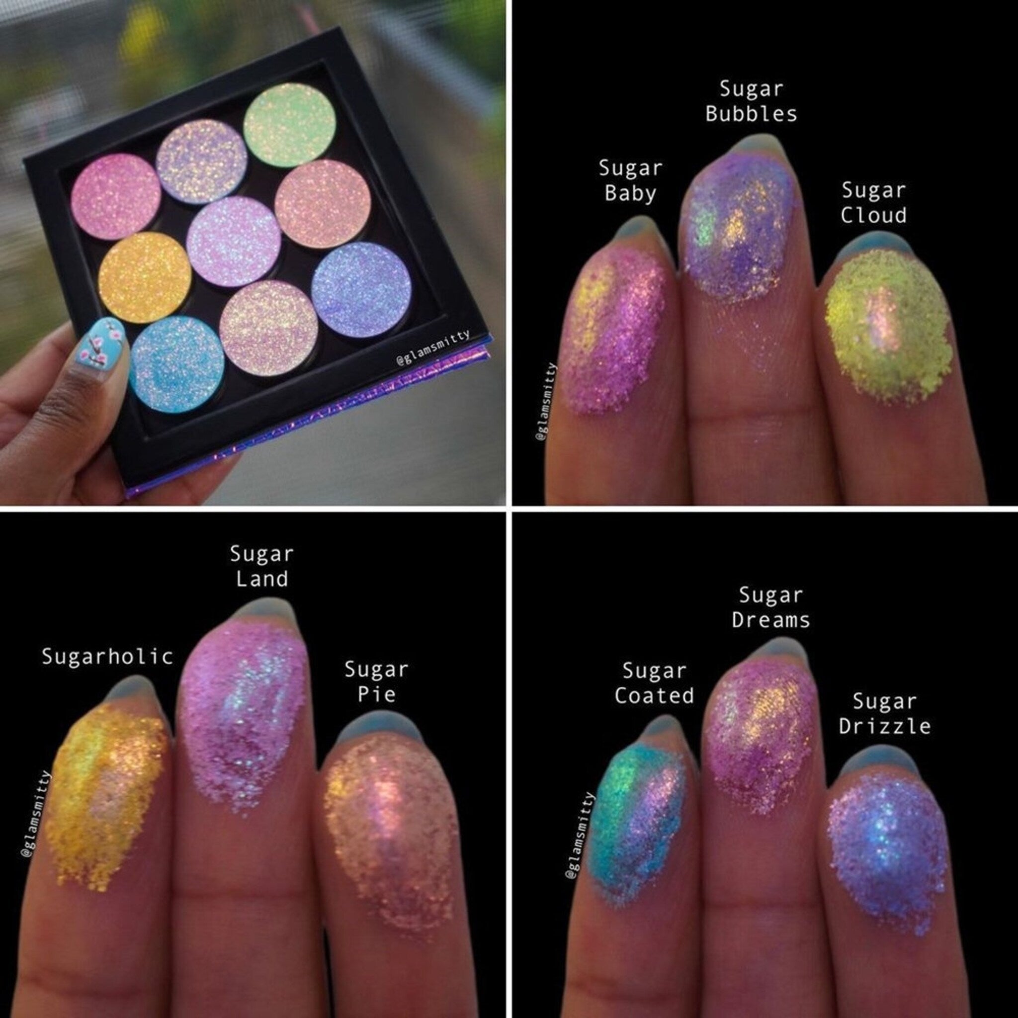 Close-up of Sugar Buzz multichrome eyeshadow palette showing iridescent pink and teal shades in sleek black compact