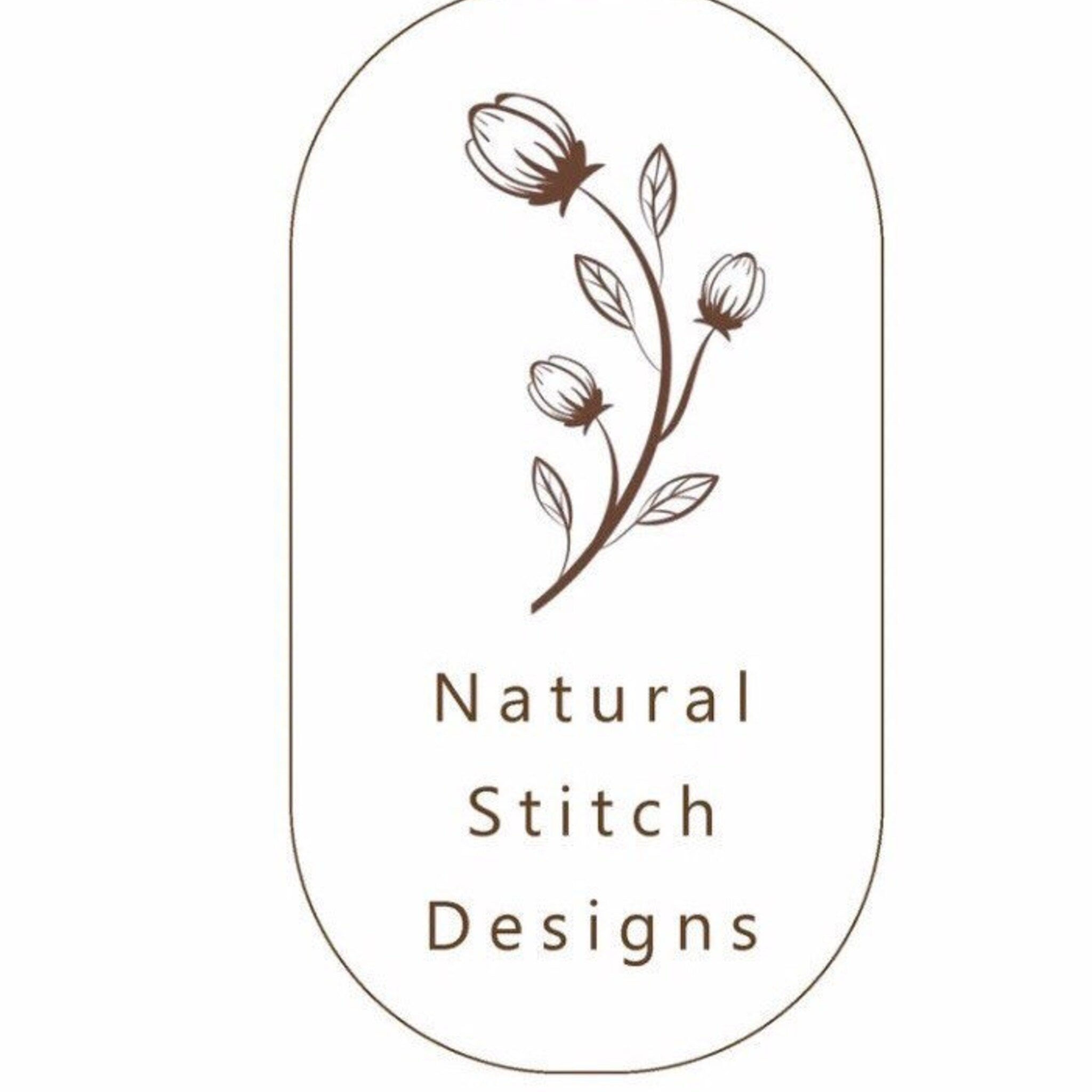 Logo design with brown floral illustration and "Natural Stitch Designs" text in oval frame