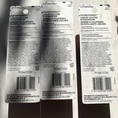 Side view of three CoverGirl liquid glitter eye shadows in gold, bronze, and silver shades with doe-foot applicators