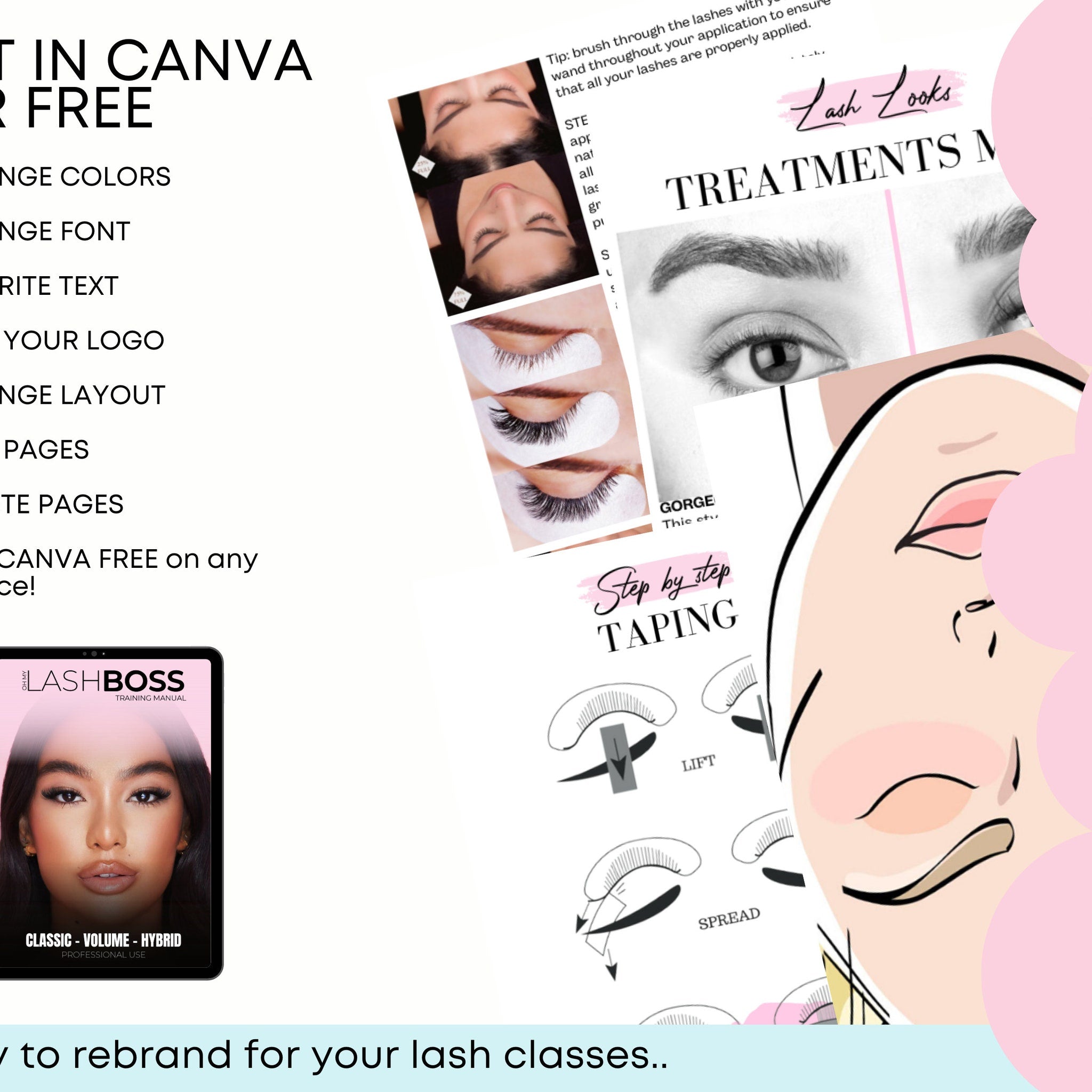 Beginner lash extension manual with Canva-editable certificates laid on a pink skincare tray