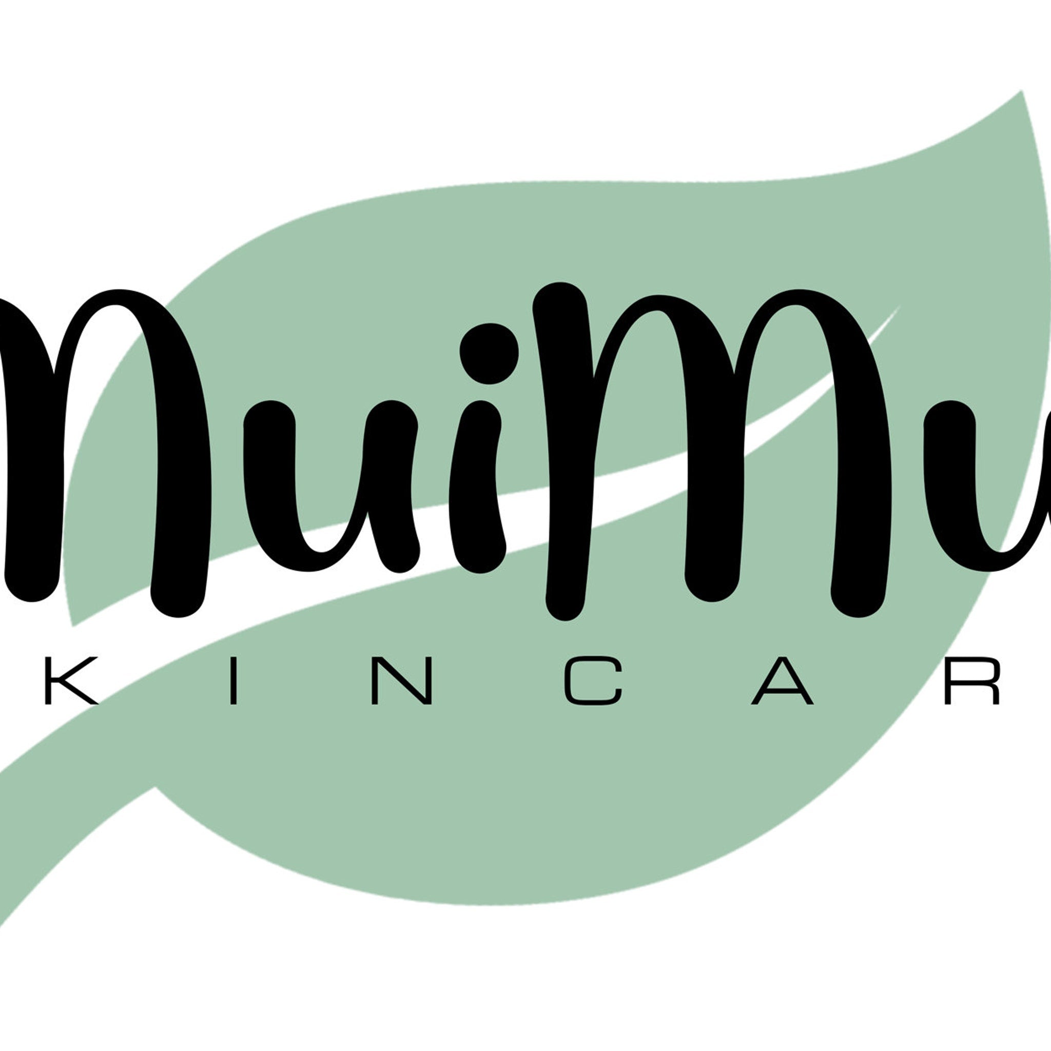 NuiMu Skincare logo with black script text over a light green leaf shape on white background