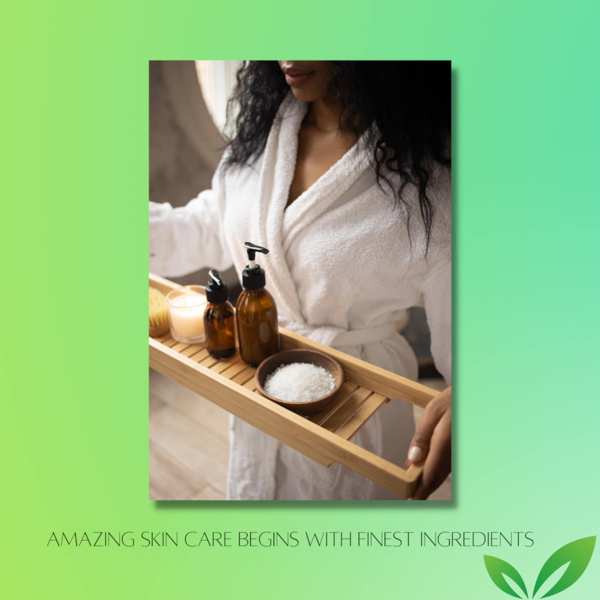 Bath accessories on a wooden tray with brown bottles, white bath salts, and a white robe