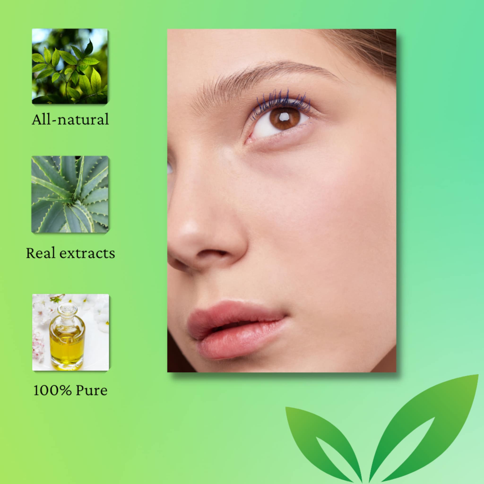 Woman's face with brown eyes and blue mascara, pink lips, and green background with leaves