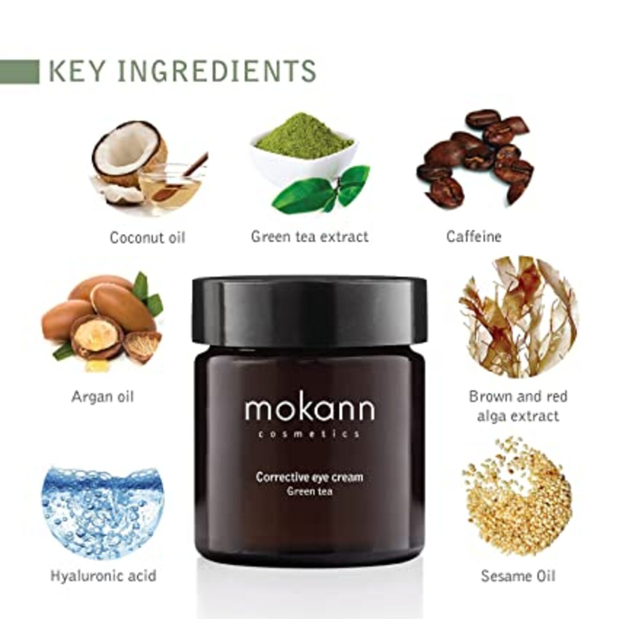 Eye cream jar with black lid, brown glass, and "mokann cosmetics" text visible