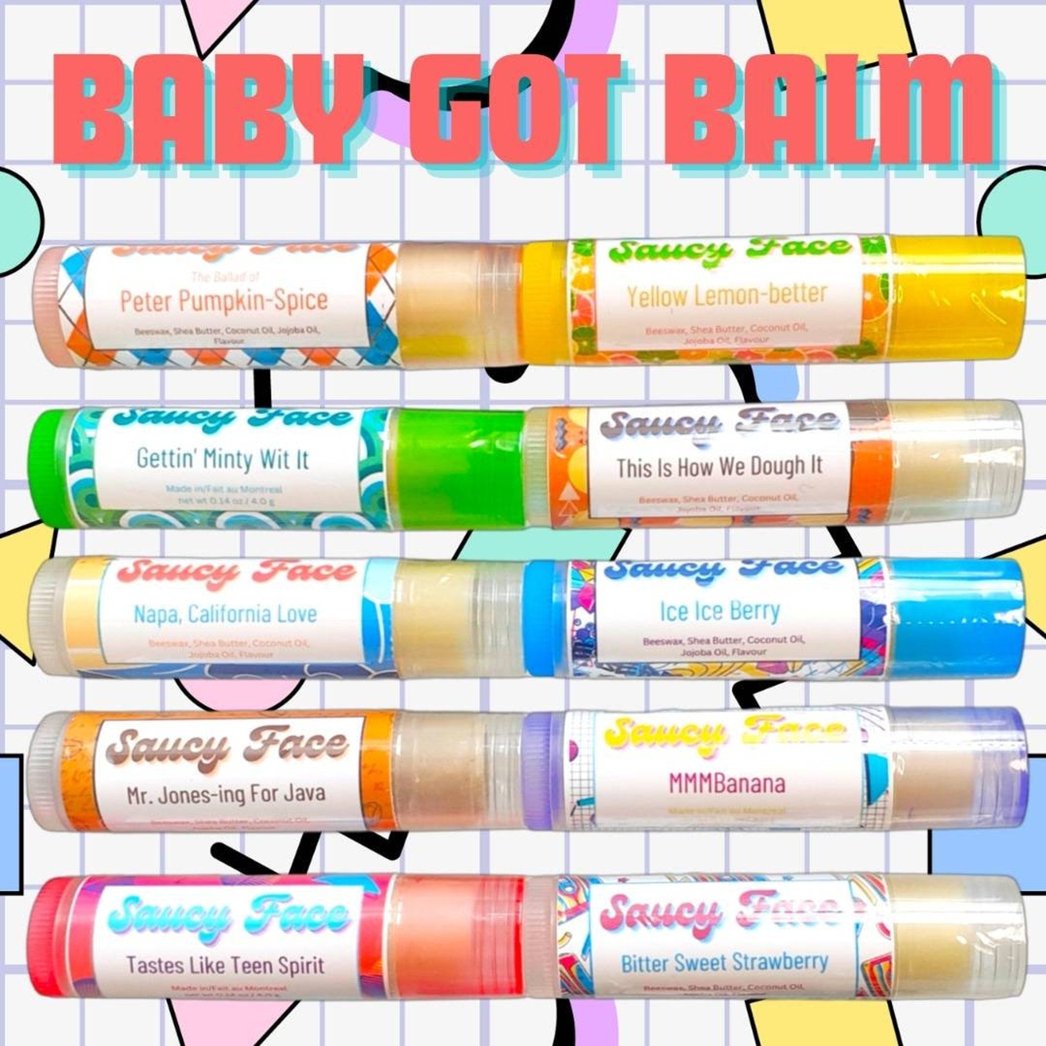 Lip balms with colorful tubes and Saucy Face branding, for lip care
