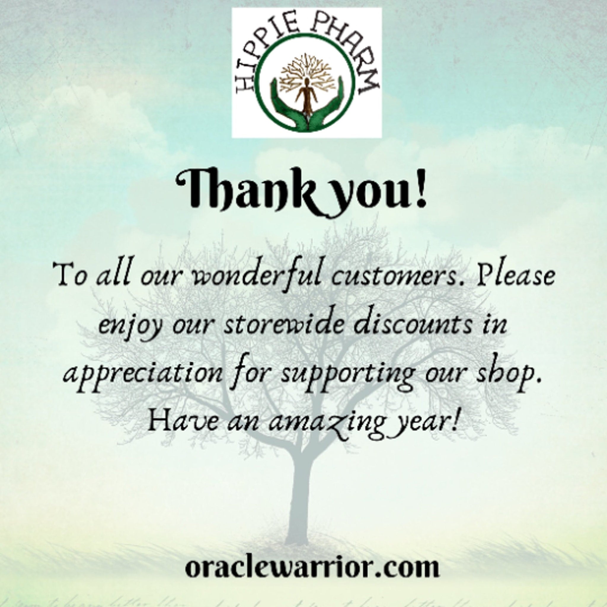 Hippie Pharm thank you message with green logo, black text on a light blue background, and a tree graphic
