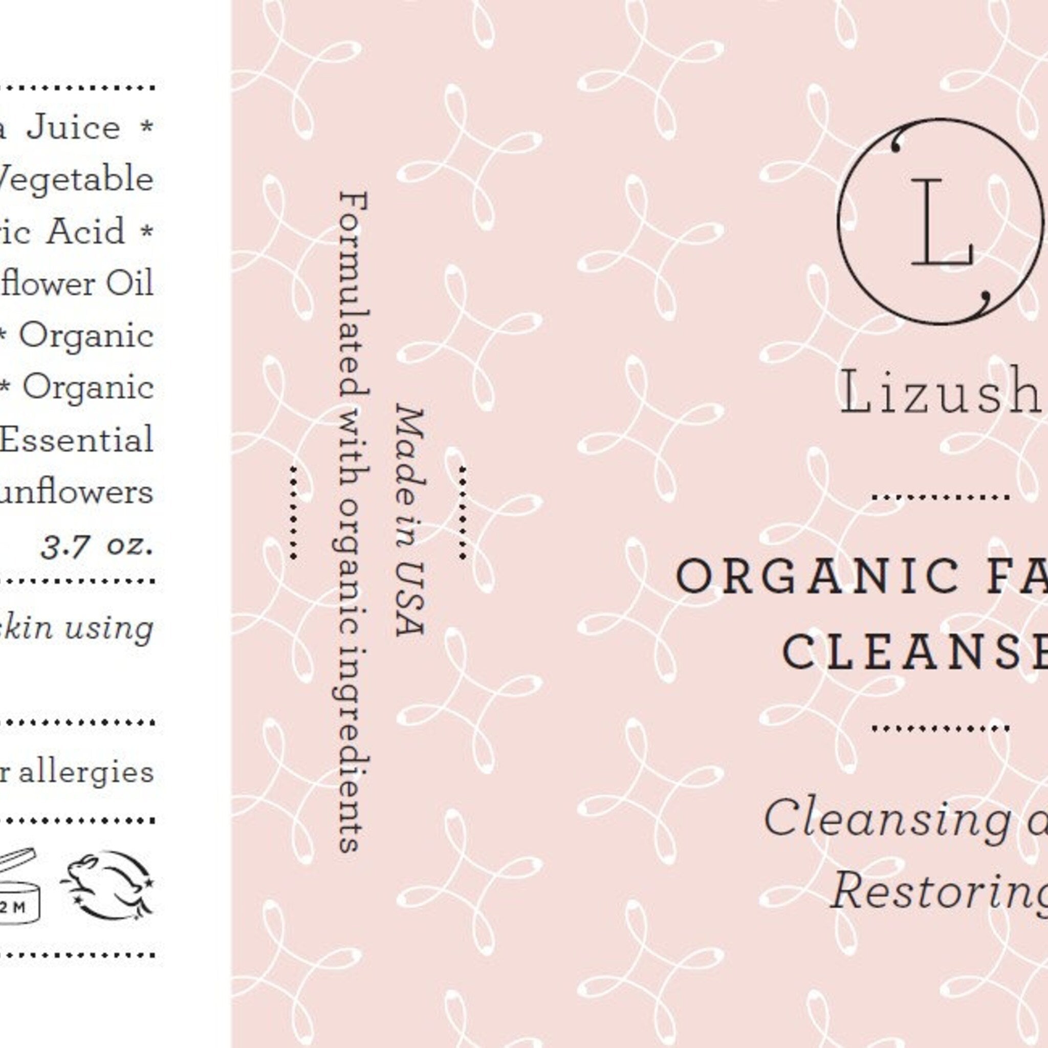 Organic facial cleanser label with light pink background, white floral pattern, and Lizush text