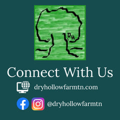 Social media graphic with green tree illustration, white text, and social media icons for Dry Hollow Farm