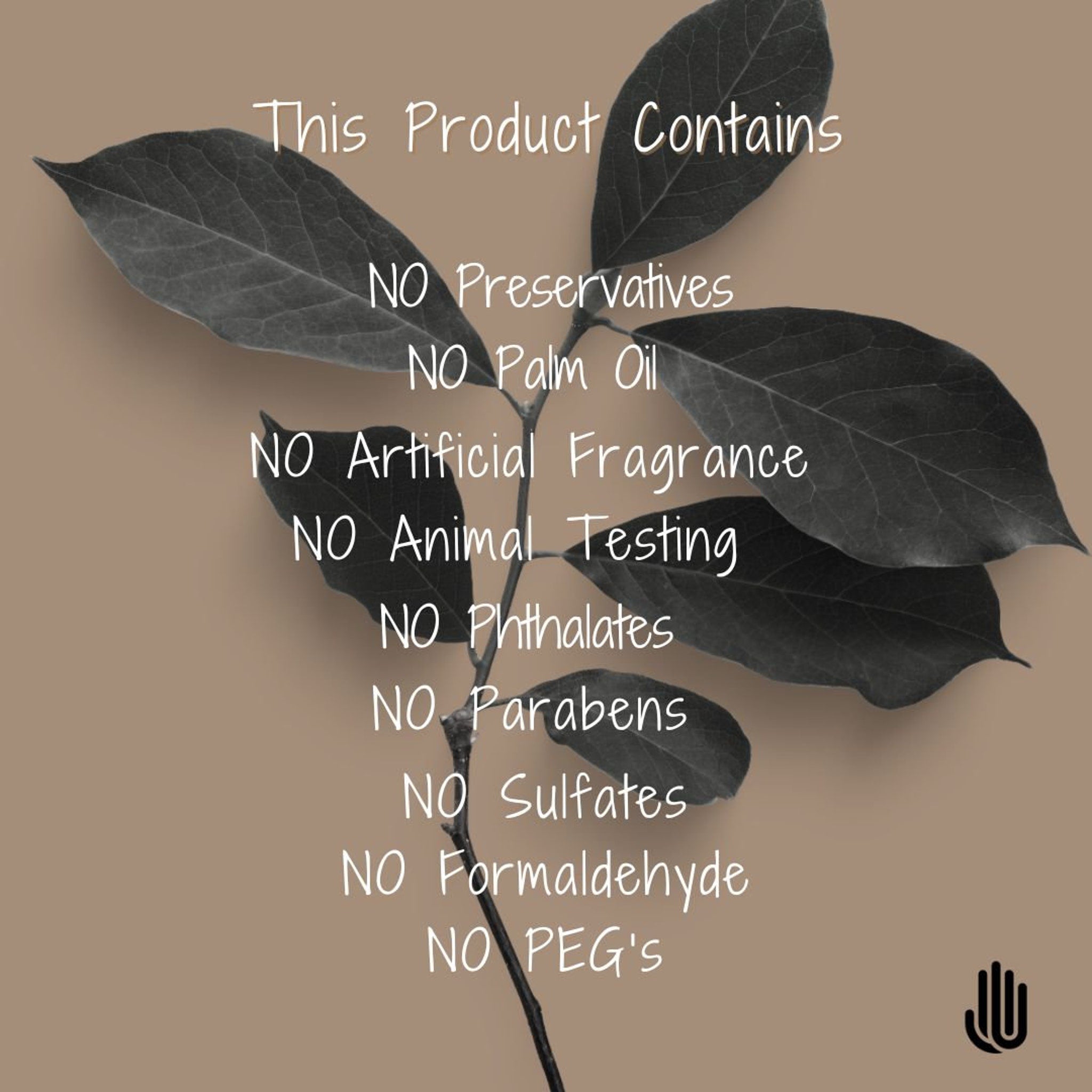 Product ingredient list with black leaves, white text, and tan background, showing product contents