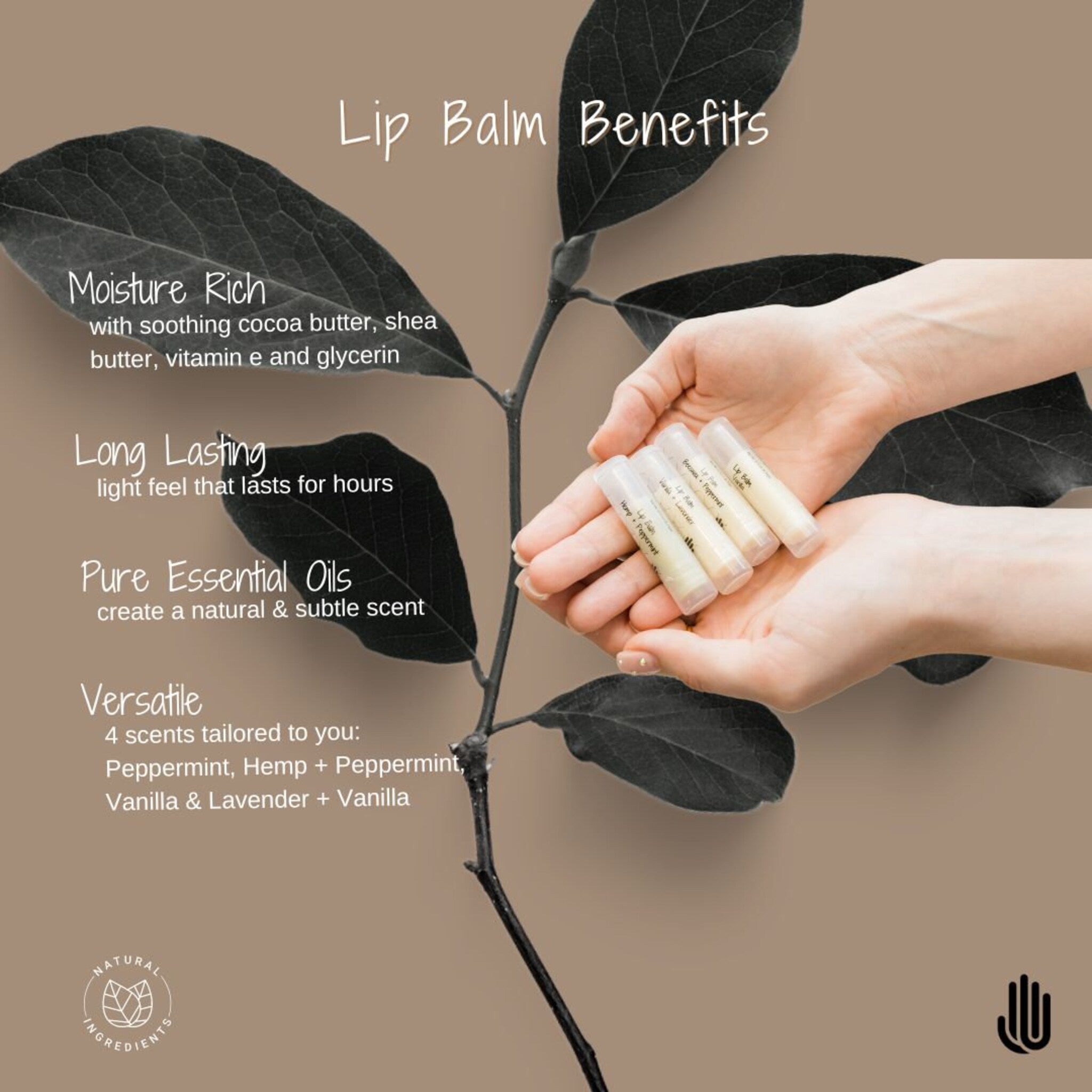 Lip balm tubes held in hands, clear tubes with white labels, product benefits displayed