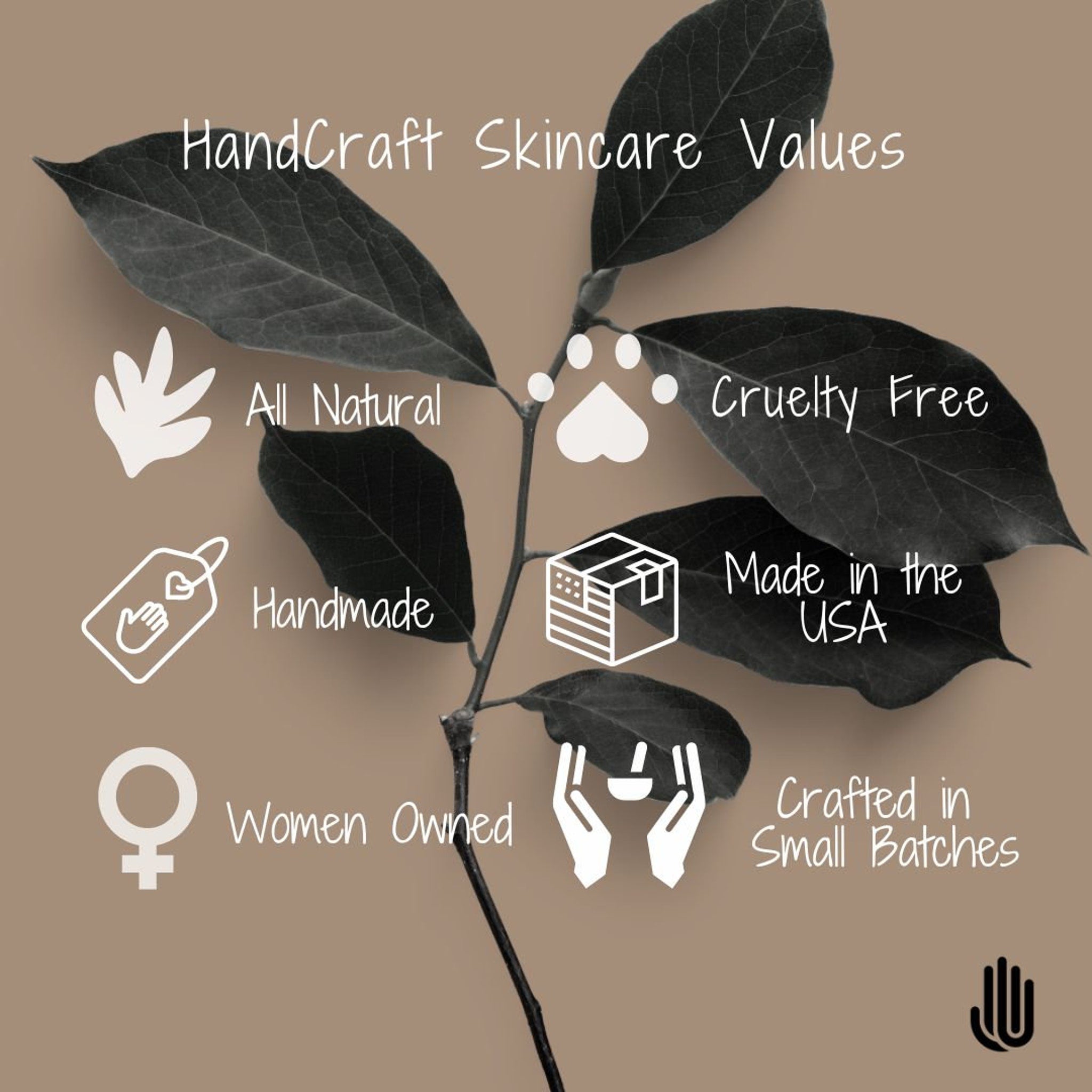 HandCraft Skincare values graphic with dark green leaves, white text, and brown background.