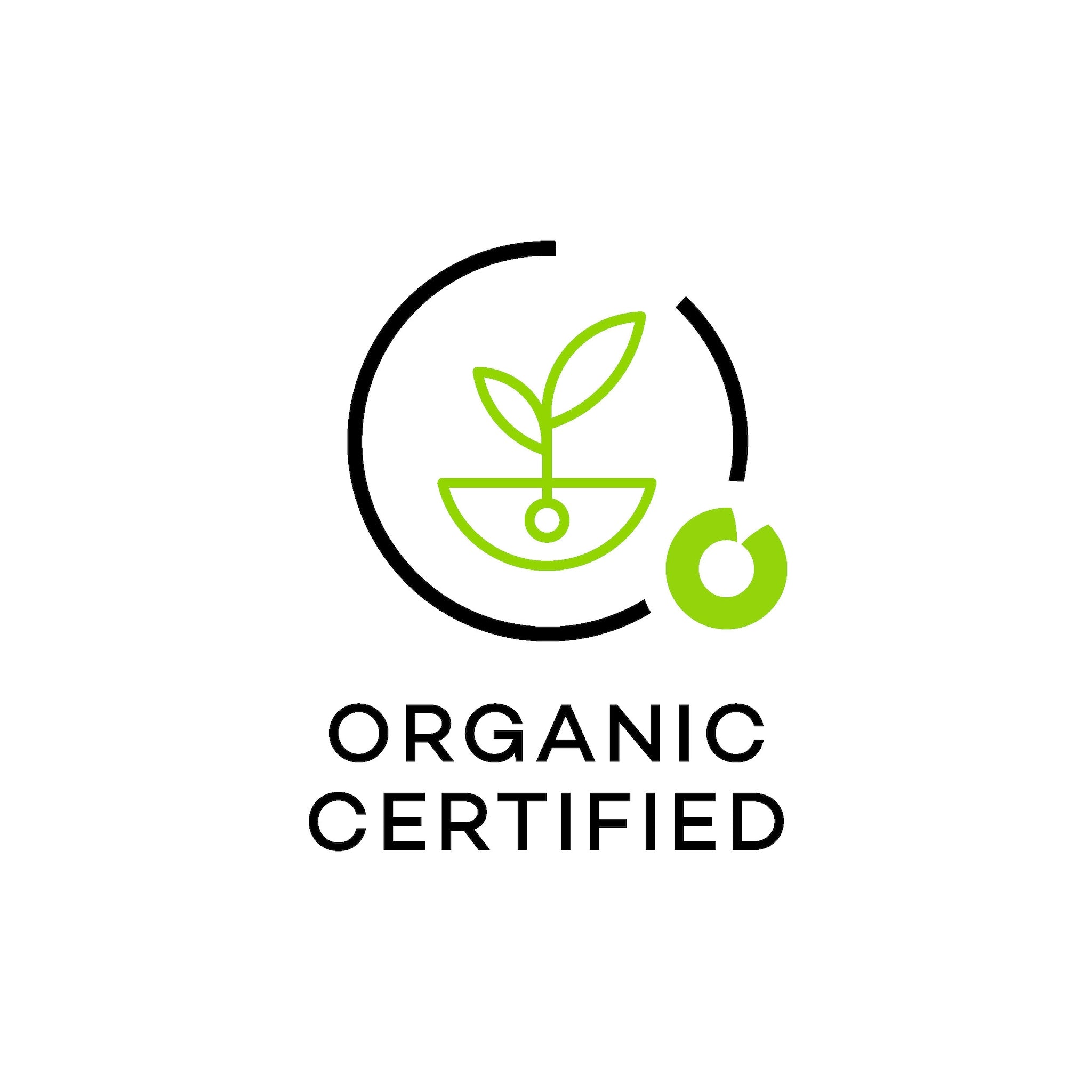 Organic certification logo with green leaves, black circle, and "Organic Certified" text.