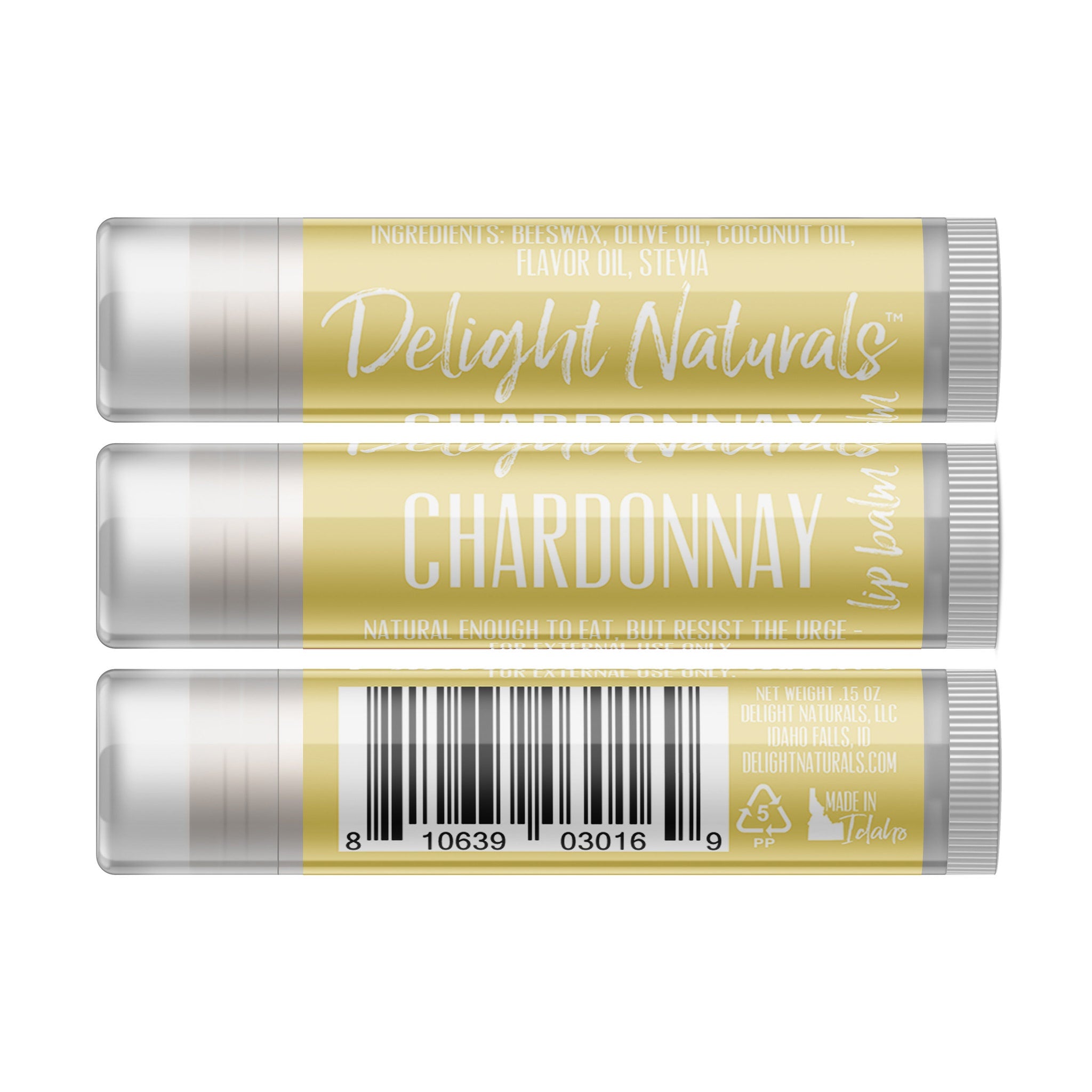 Lip balm tubes with Chardonnay flavor, yellow and silver with Delight Naturals branding.