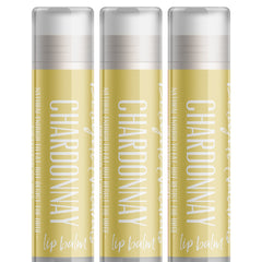 Lip balm three pack with yellow and white tubes, Chardonnay text visible, and clear caps