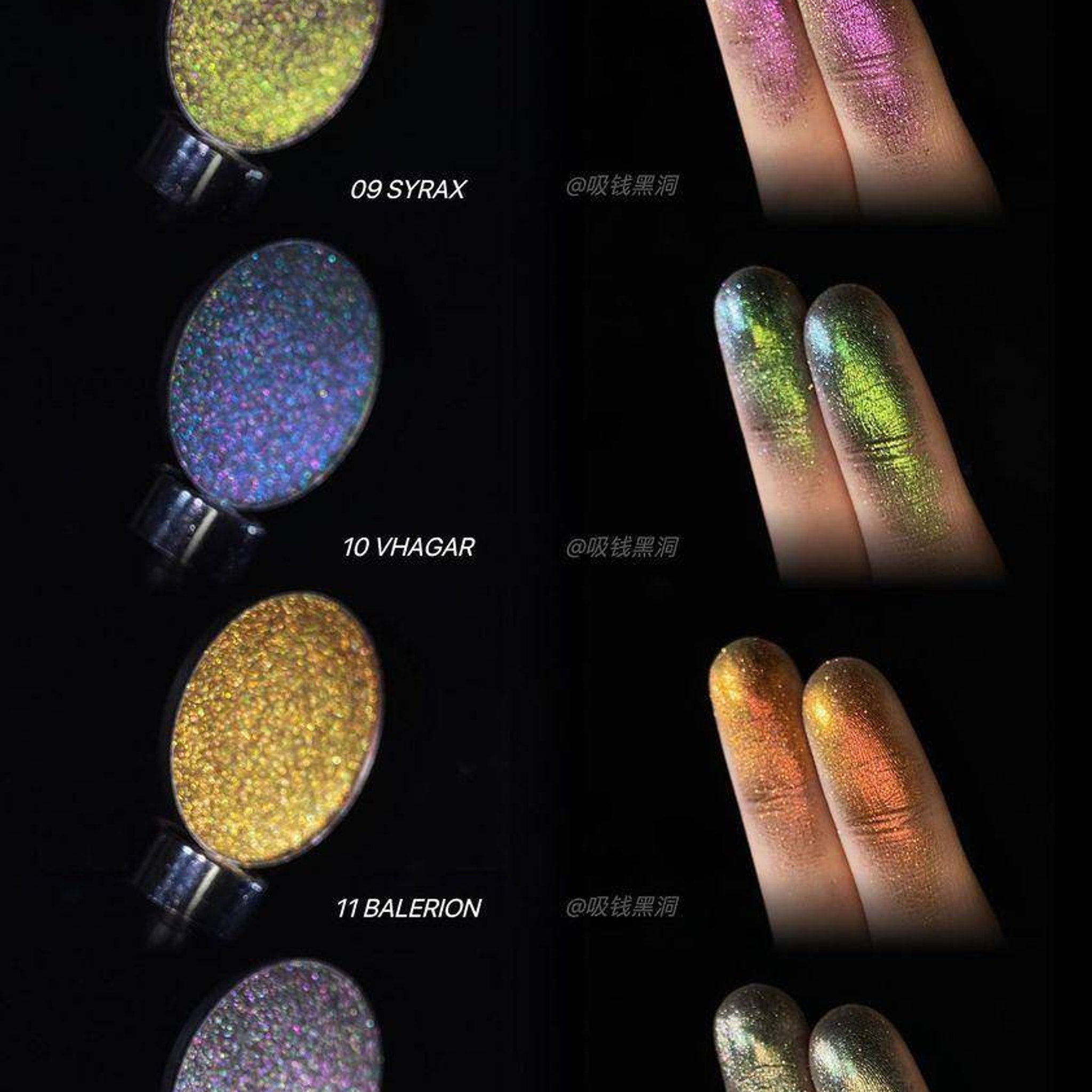 Eyeshadow swatches with iridescent shimmer in green, purple, and gold on fingers, with product names visible