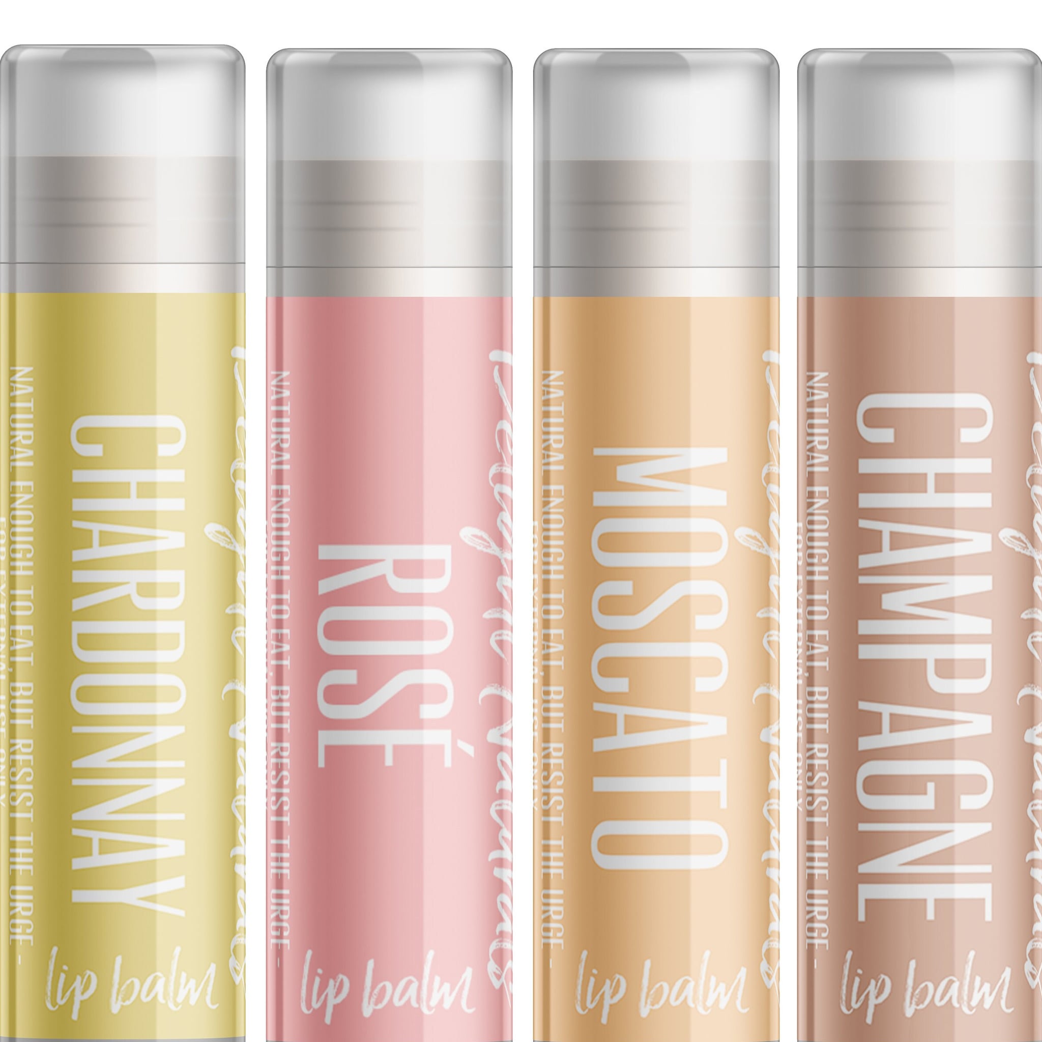 Lip balm tubes in yellow, pink, peach, and tan with white text and Delight Naturals branding