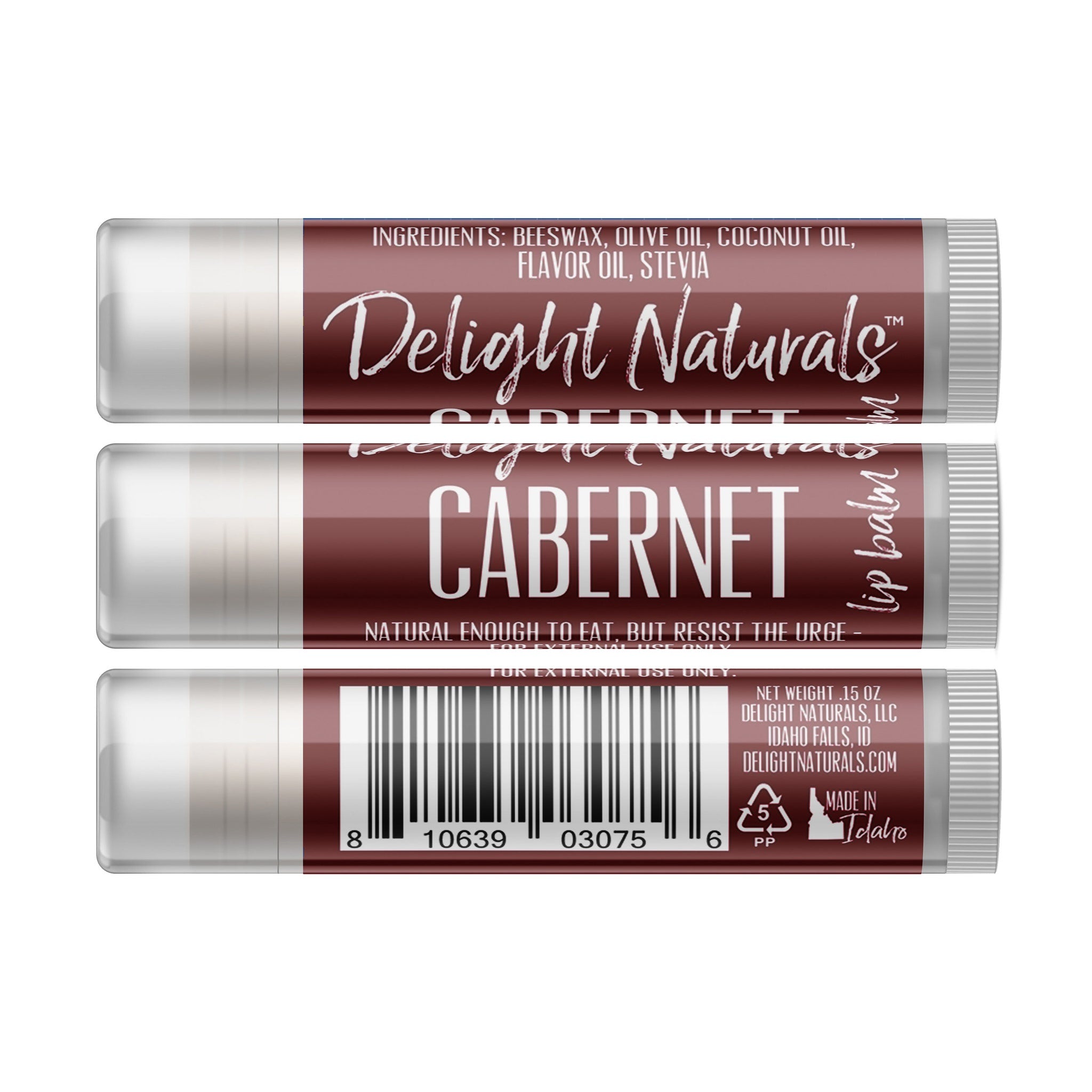 Lip balm Cabernet with burgundy label, Delight Naturals branding, and white tube end