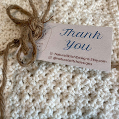 Cream crochet fabric with brown twine and a "Thank You" tag from Natural Stitch Designs