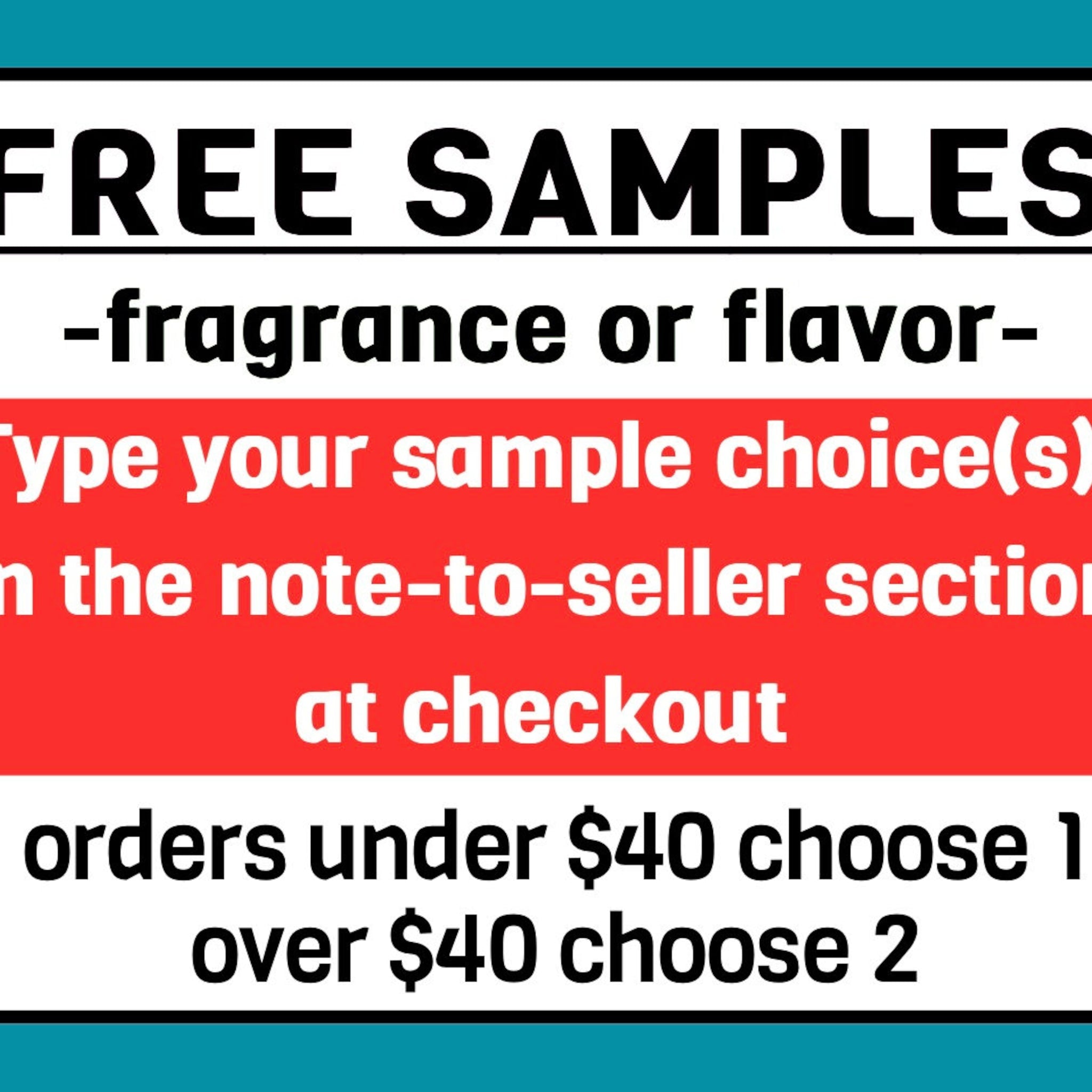 Free sample offer graphic with white text on red and black backgrounds, teal border, and text instructions