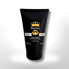 Facial cleanser bottle, black plastic tube, Oxylux brand name, for face wash