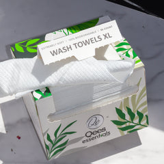 Washcloths white textured paper towels in a box with QeesEssentials logo and leaf design