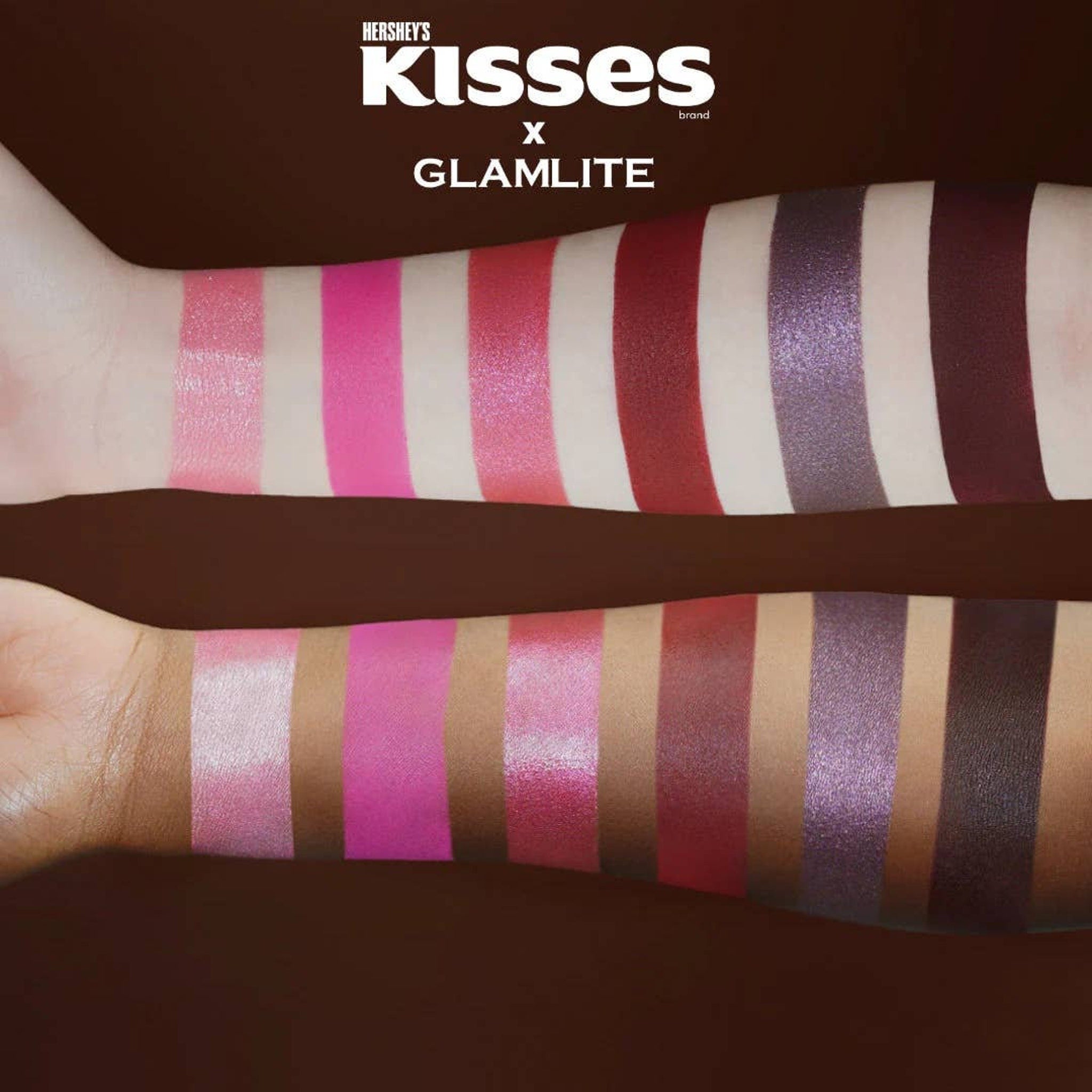 Lipstick swatches in various shades of pink, red, and purple on arms, Hershey's Kisses x Glamlite brand