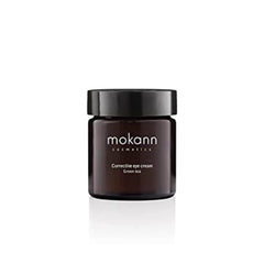 Eye cream jar, brown glass, black lid, Mokann Cosmetics branding
