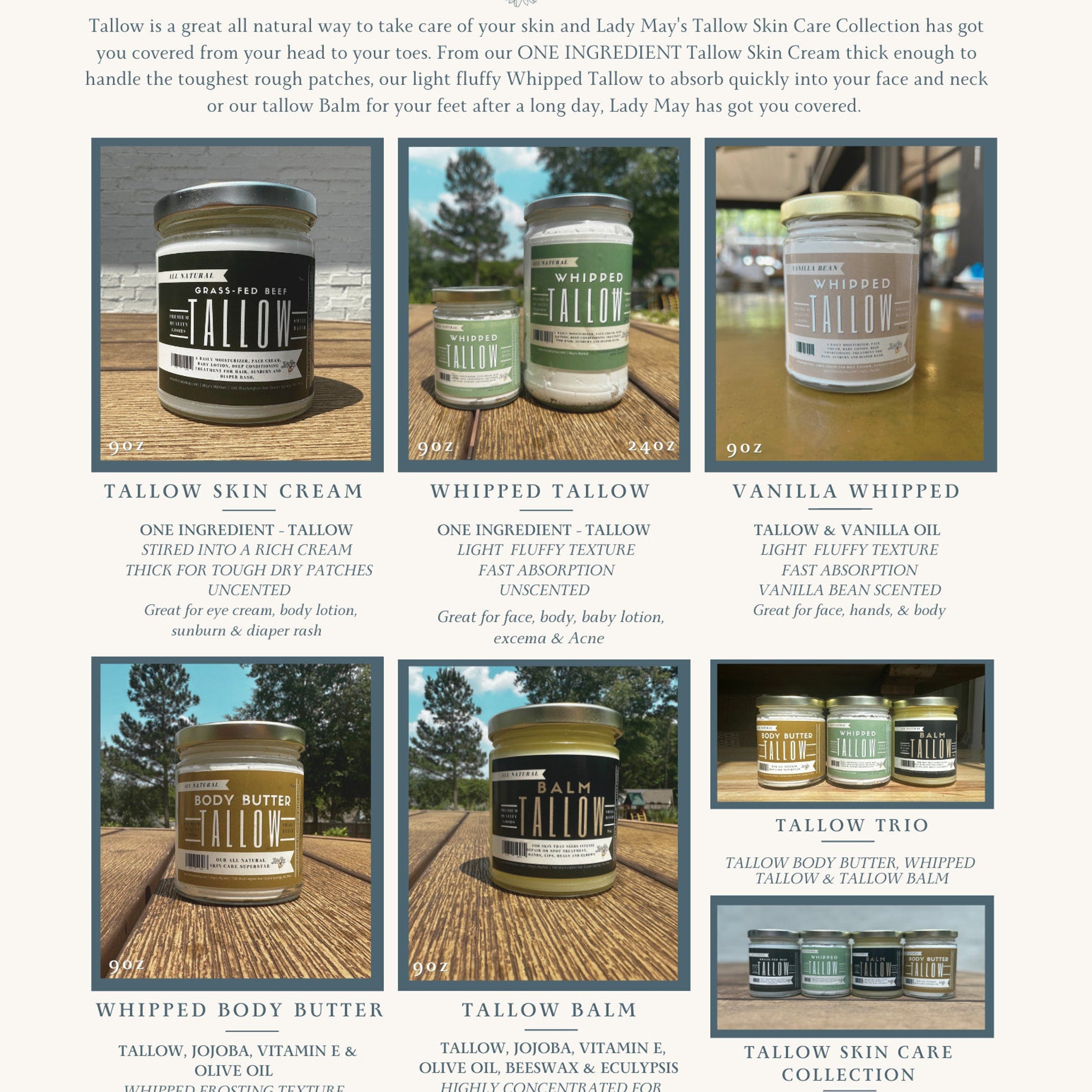 Whipped Tallow jar with green label, white cream, and gold lid on wooden surface