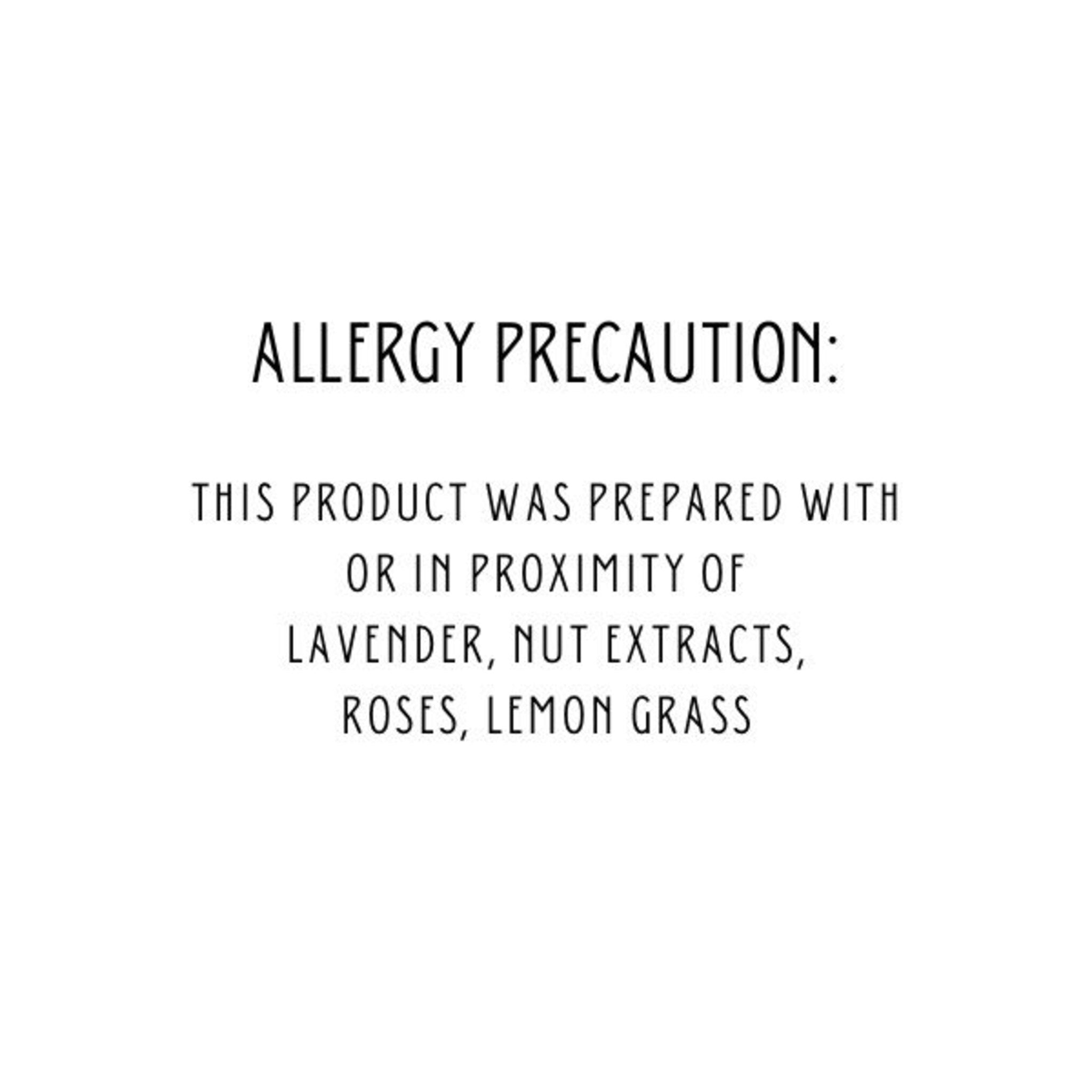 Allergy information text in black, white background, simple sans-serif font, lists ingredients