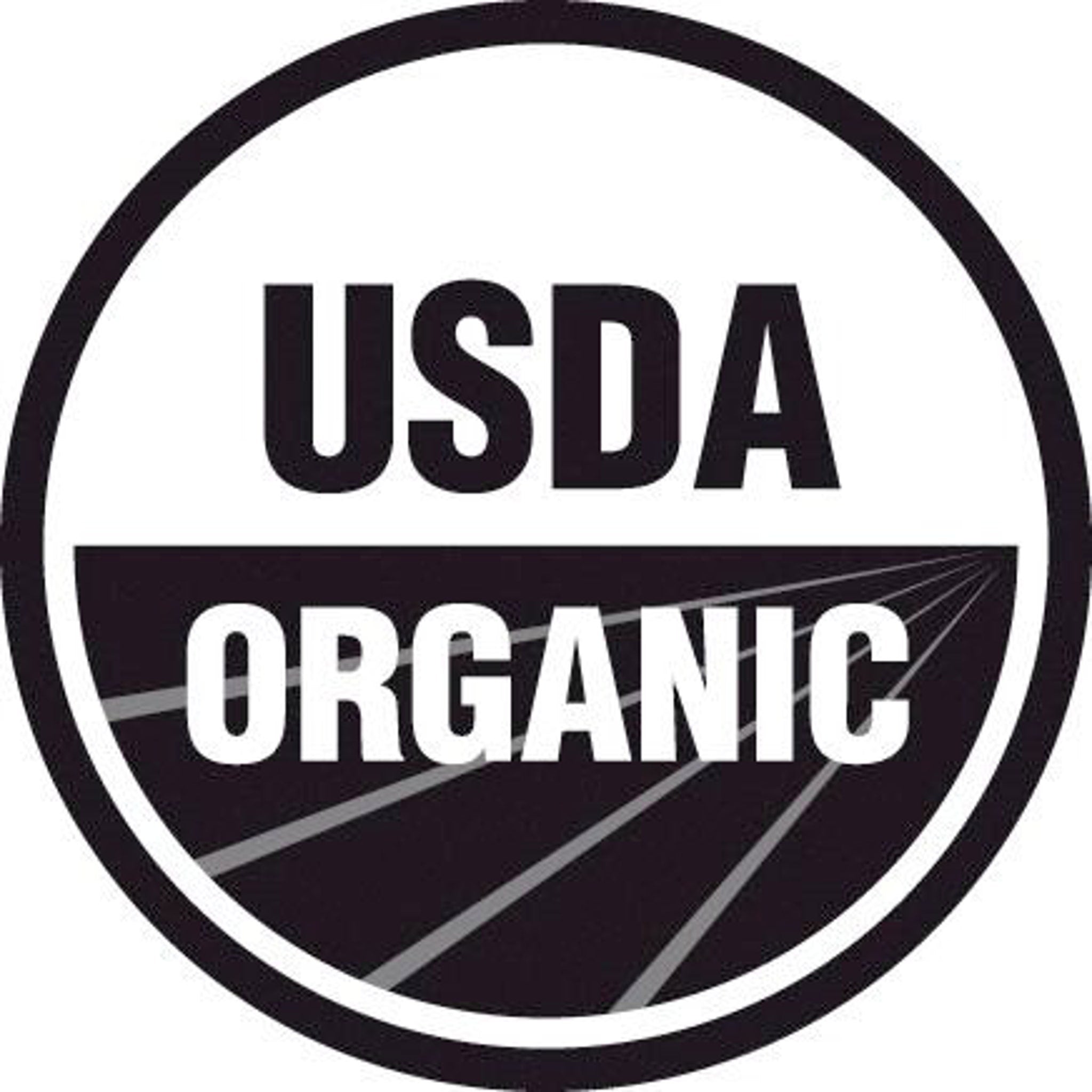 USDA Organic seal, black and white circular logo with text and lines