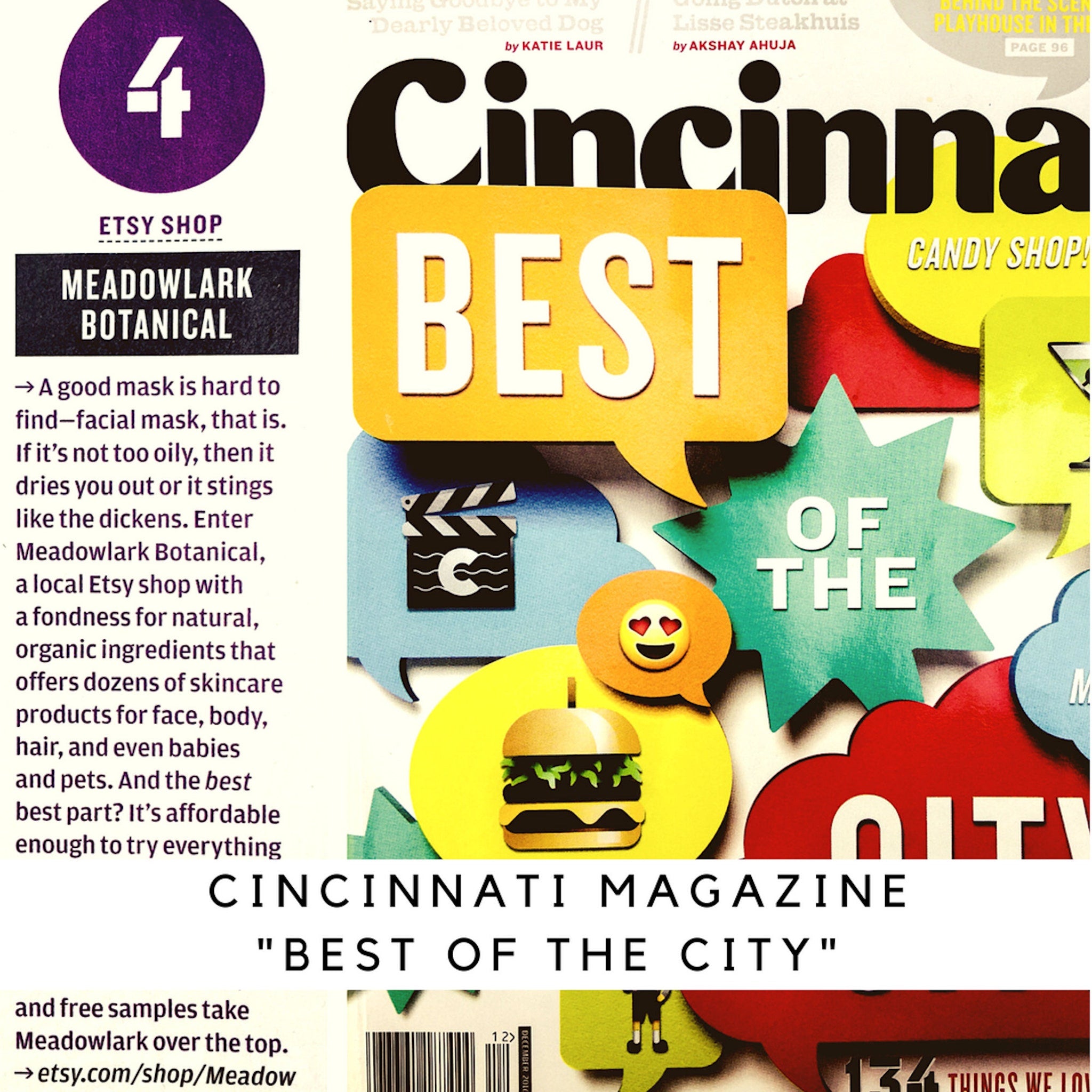 Cincinnati Magazine cover with yellow, blue, and red speech bubbles with text "BEST" and "OF THE